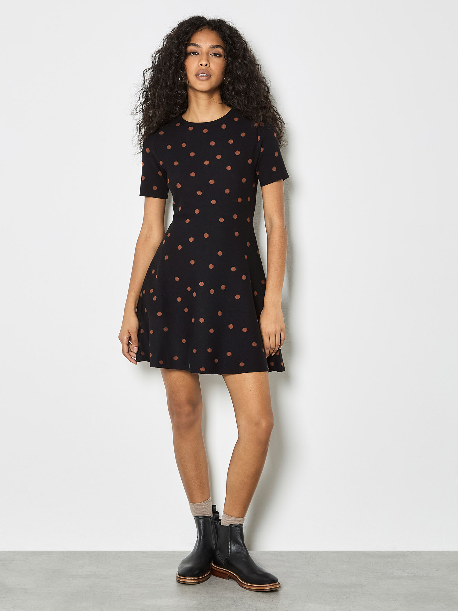 Pistache Linen Polka Dot Shift Dress with High Low Hem- Black main image 0