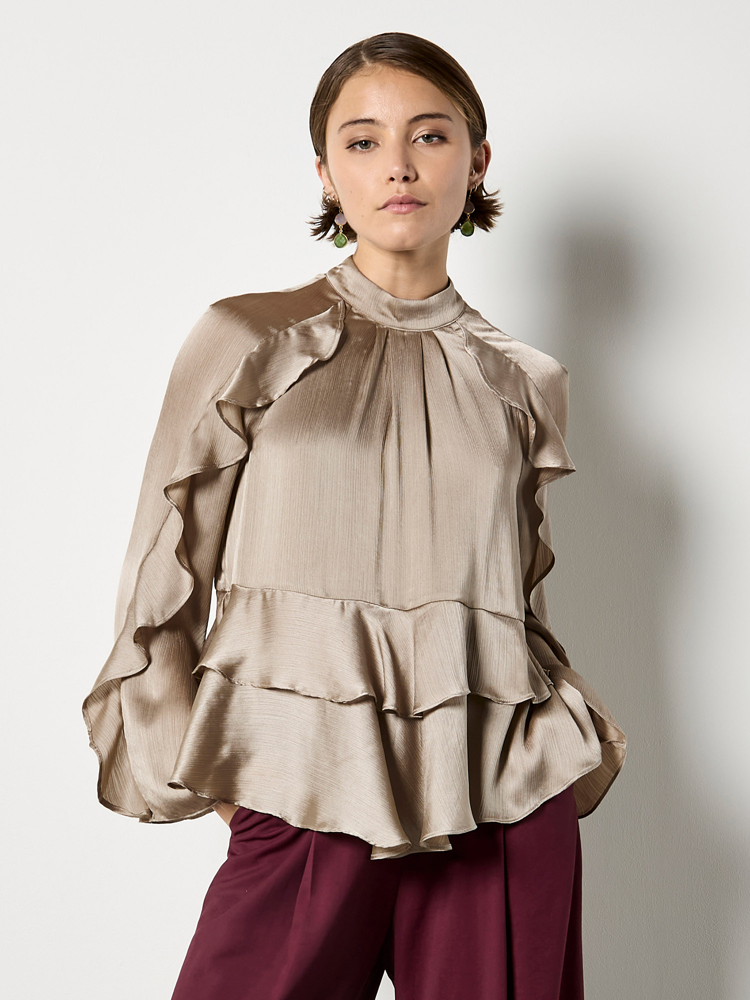 Ruffle Crinkle Satin Top | Apricot Clothing