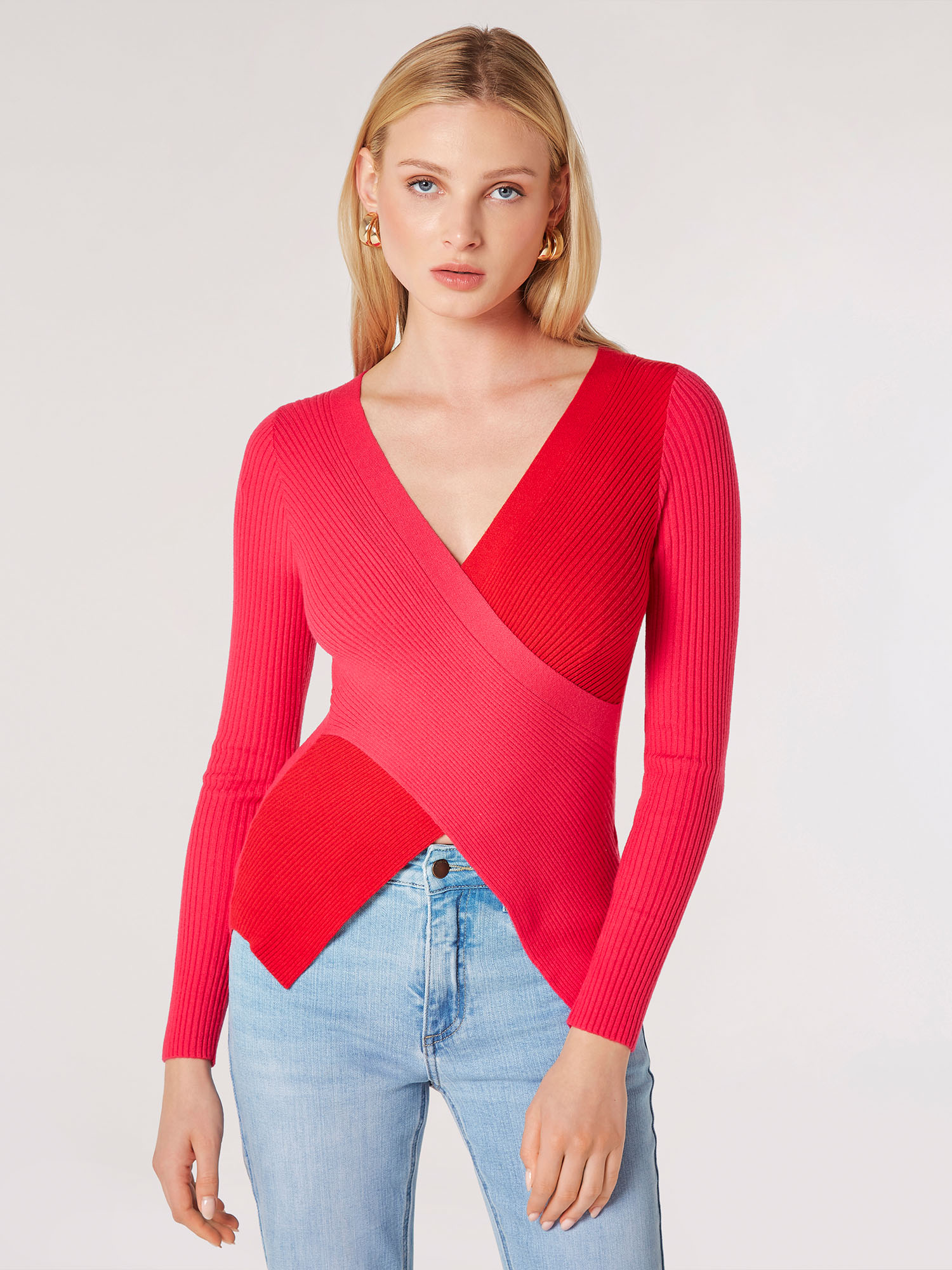 Colour Block Cropped Wrap Jumper Apricot Clothing