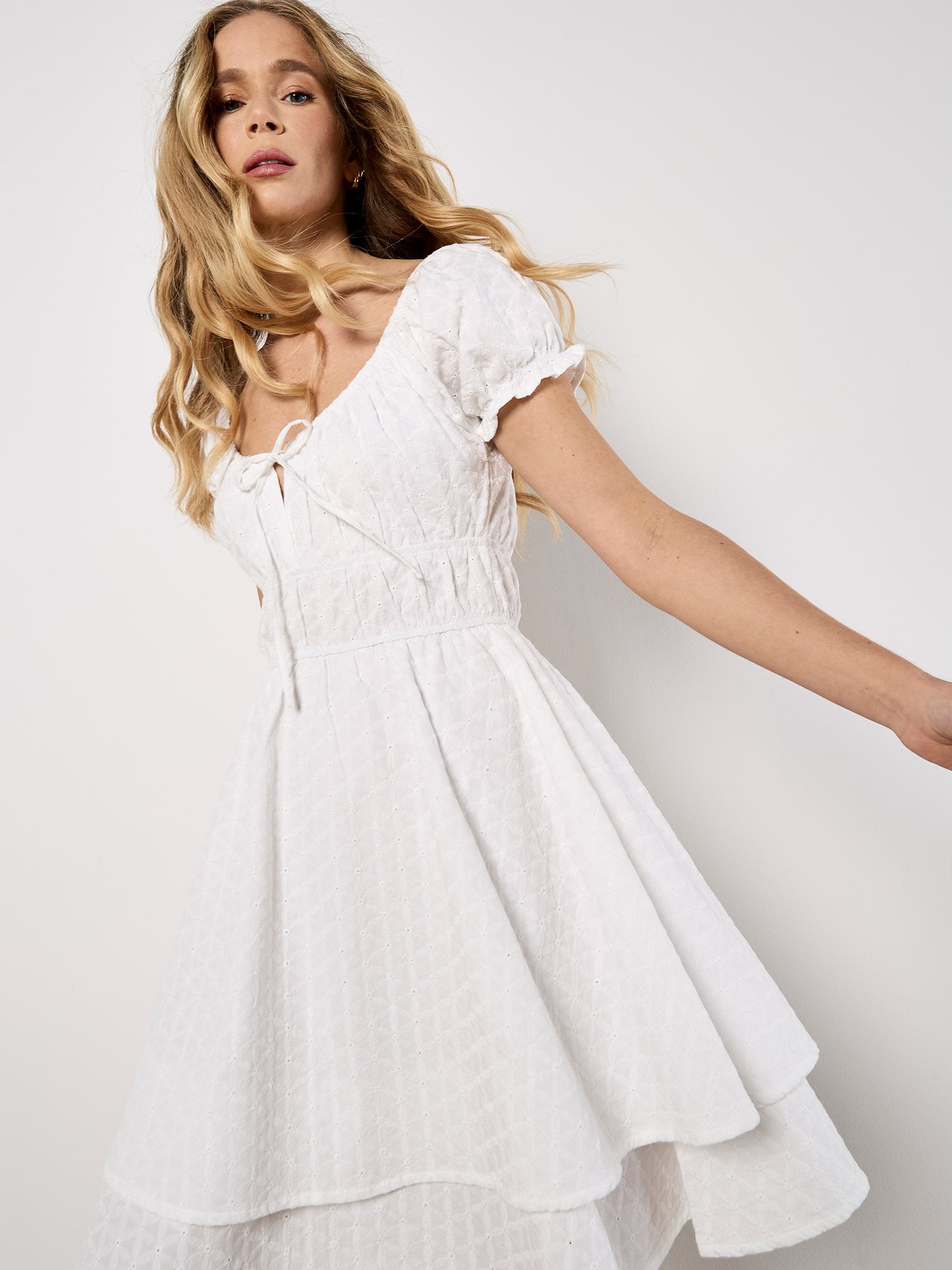 Eyelet Embroidery Tiered Mini Dress | Apricot Clothing