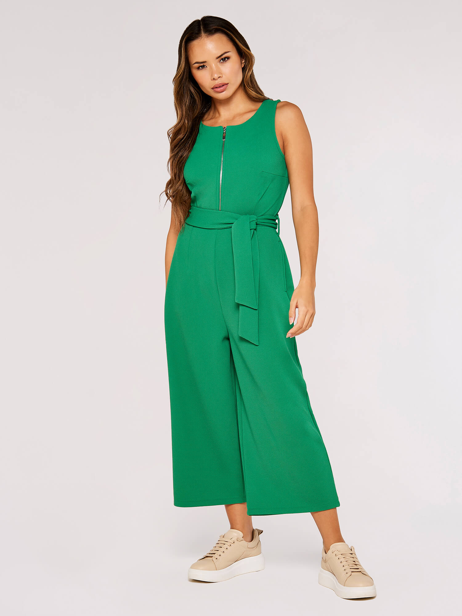 Zip Front Culotte Jumpsuit Apricot Clothing