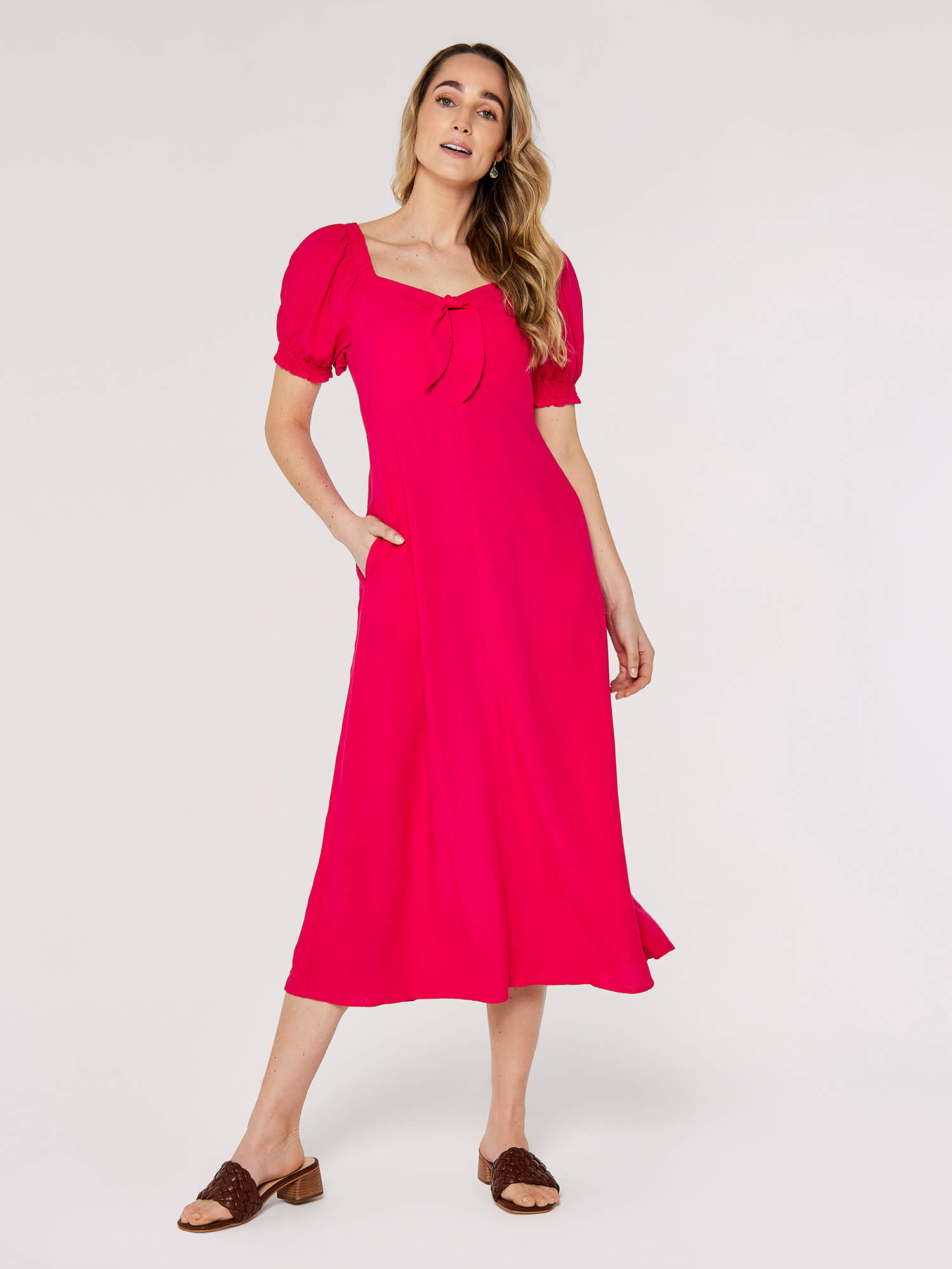 Tie Detail Midi Dress Apricot Clothing