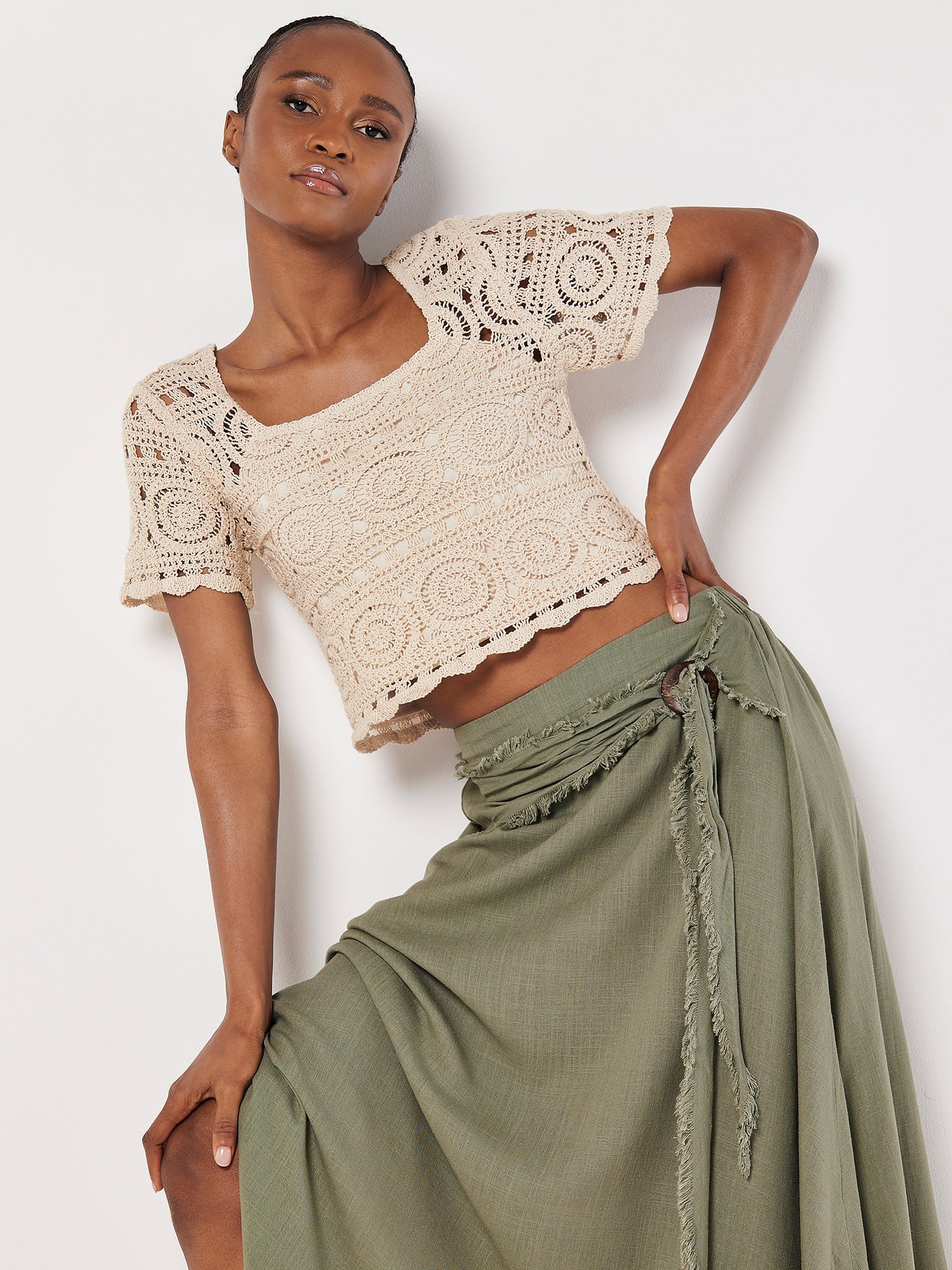 Classic Silky with Lace Hem H-Line Midi Skirt ISO43198