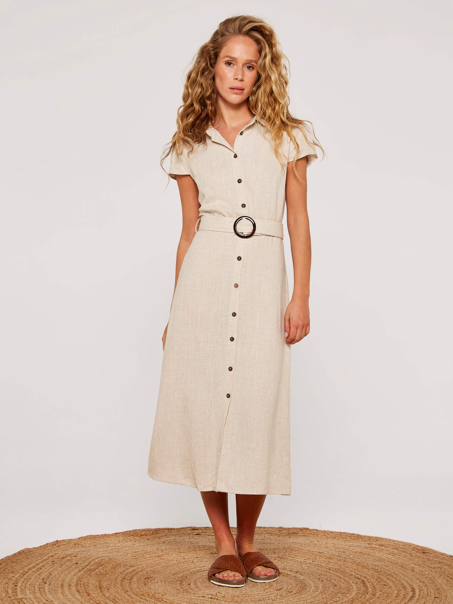 Linen Blend Floral Stripe Print Button Up Belt Pocketed Kaftan Midi Dress