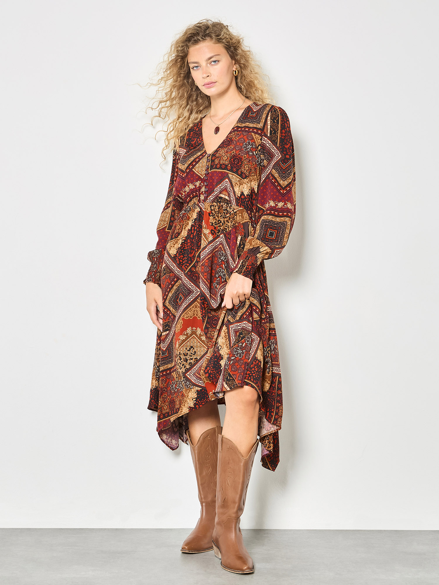 Patchwork Print Hanky Hem Midaxi Dress | Apricot Clothing