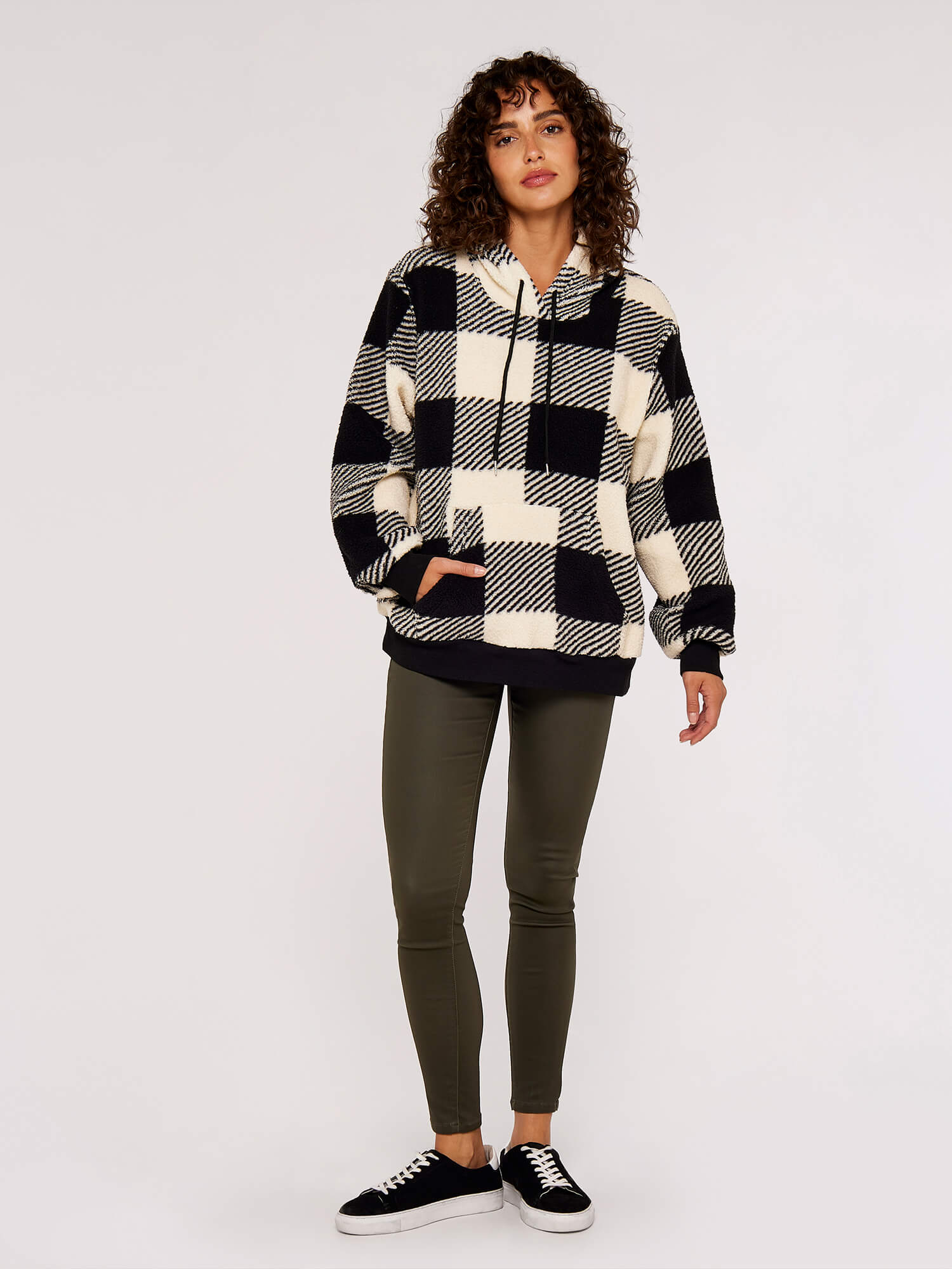 Gingham Check Fleece Hoodie Apricot Clothing