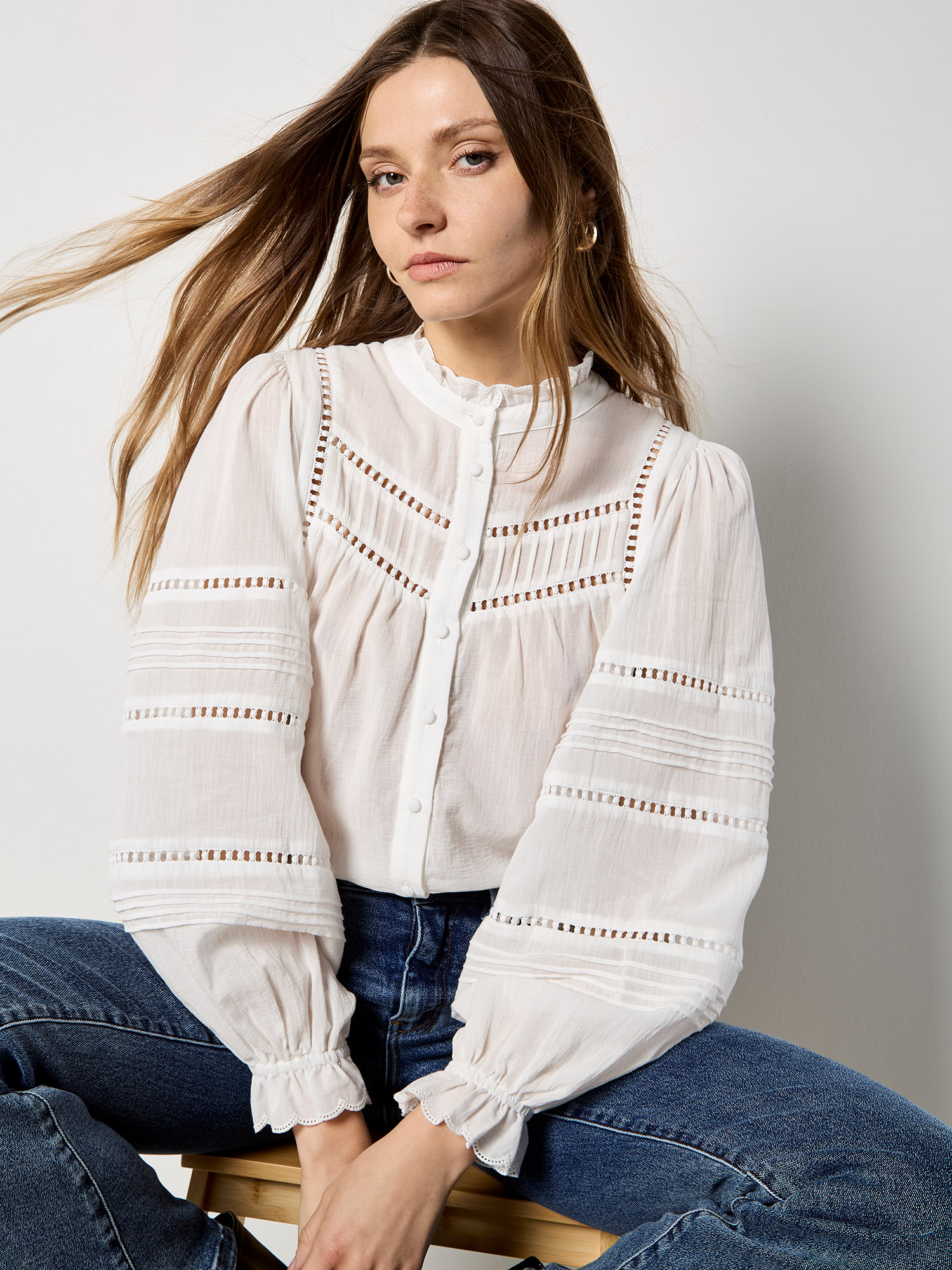 Lace Insert Ruffle Blouse | Apricot Clothing