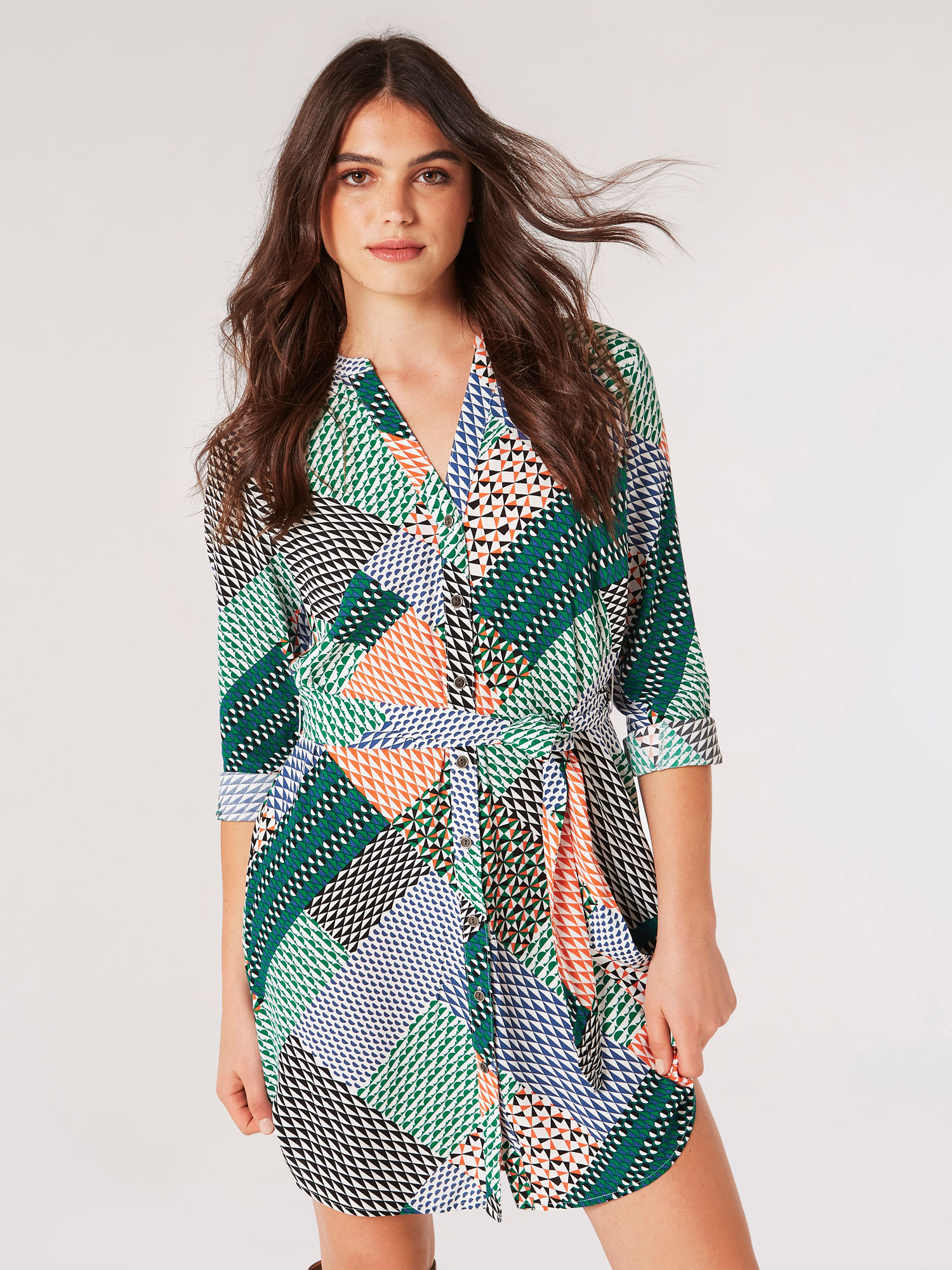 Geo Patchwork Shirt Mini Dress Apricot Clothing