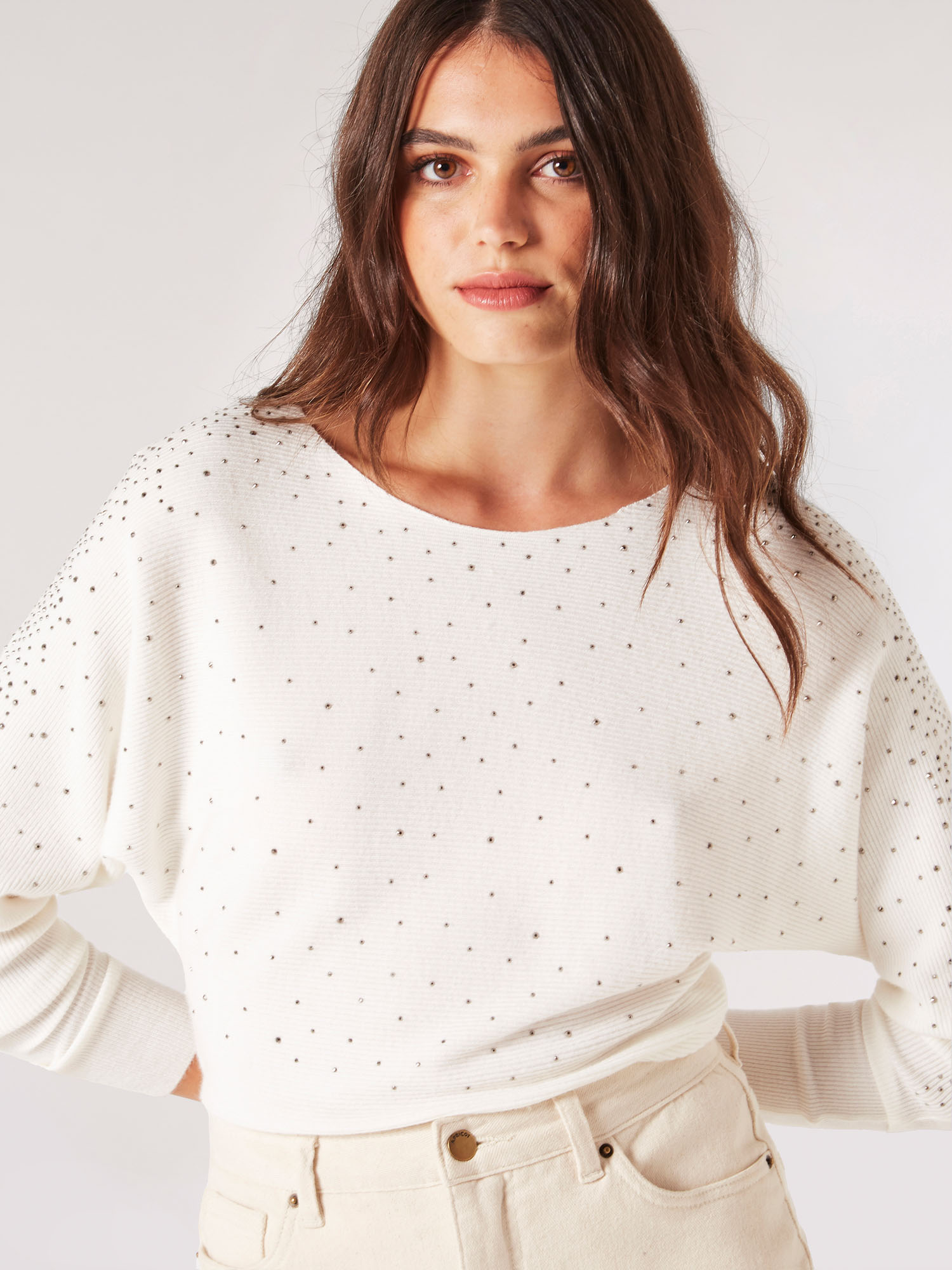 Batwing Sleeve Studded Jumper | Apricot Clothing