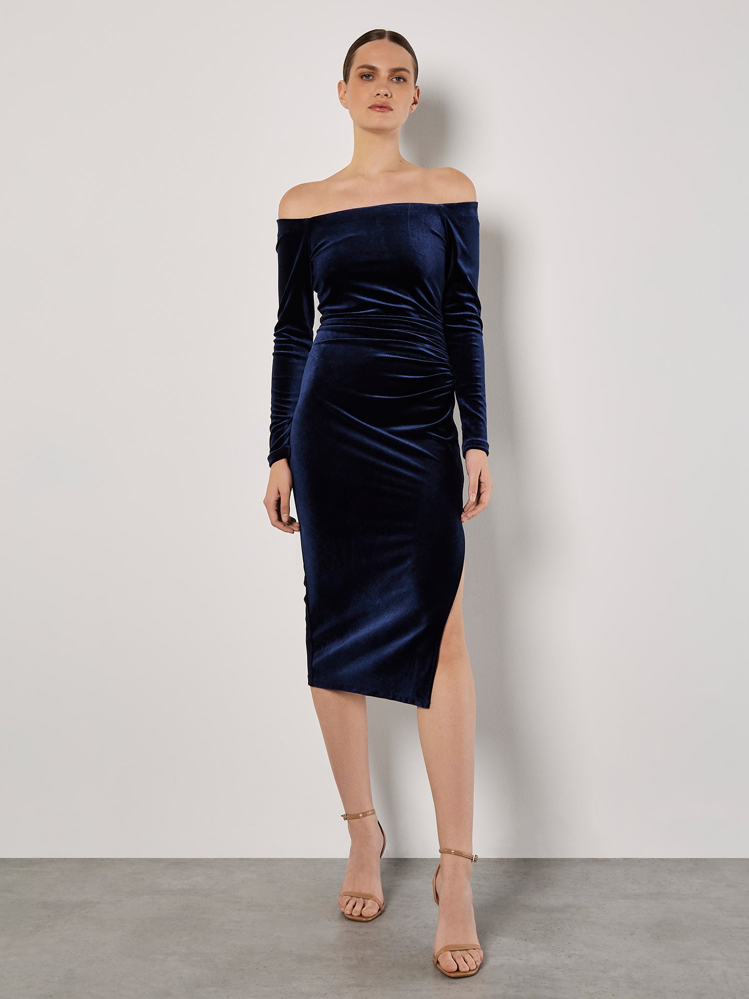 Shirred Bodice Tiered Layer Velvet Bardot Dress main image 1