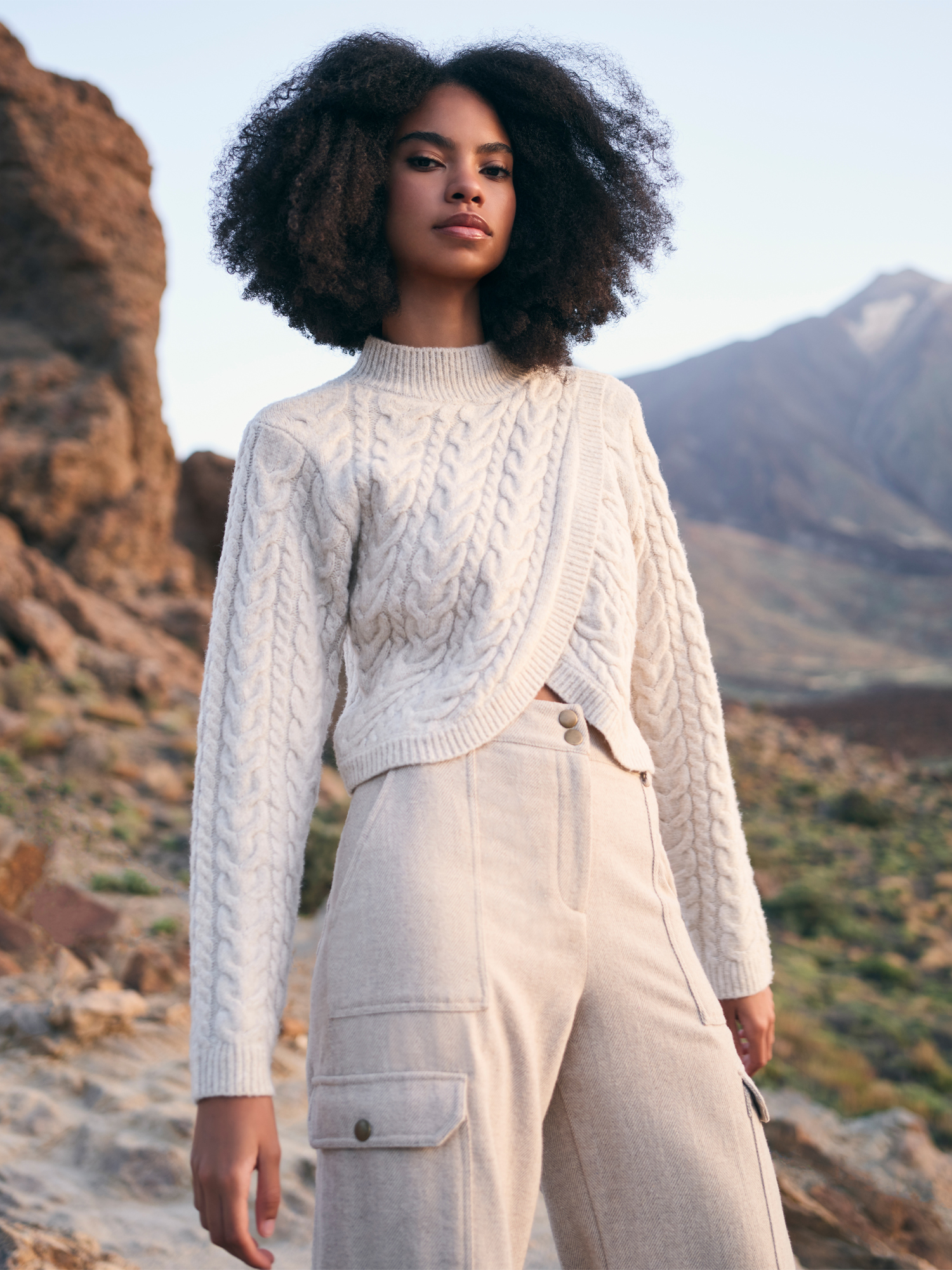 Cable Knit Cropped Wrap Jumper Apricot Clothing