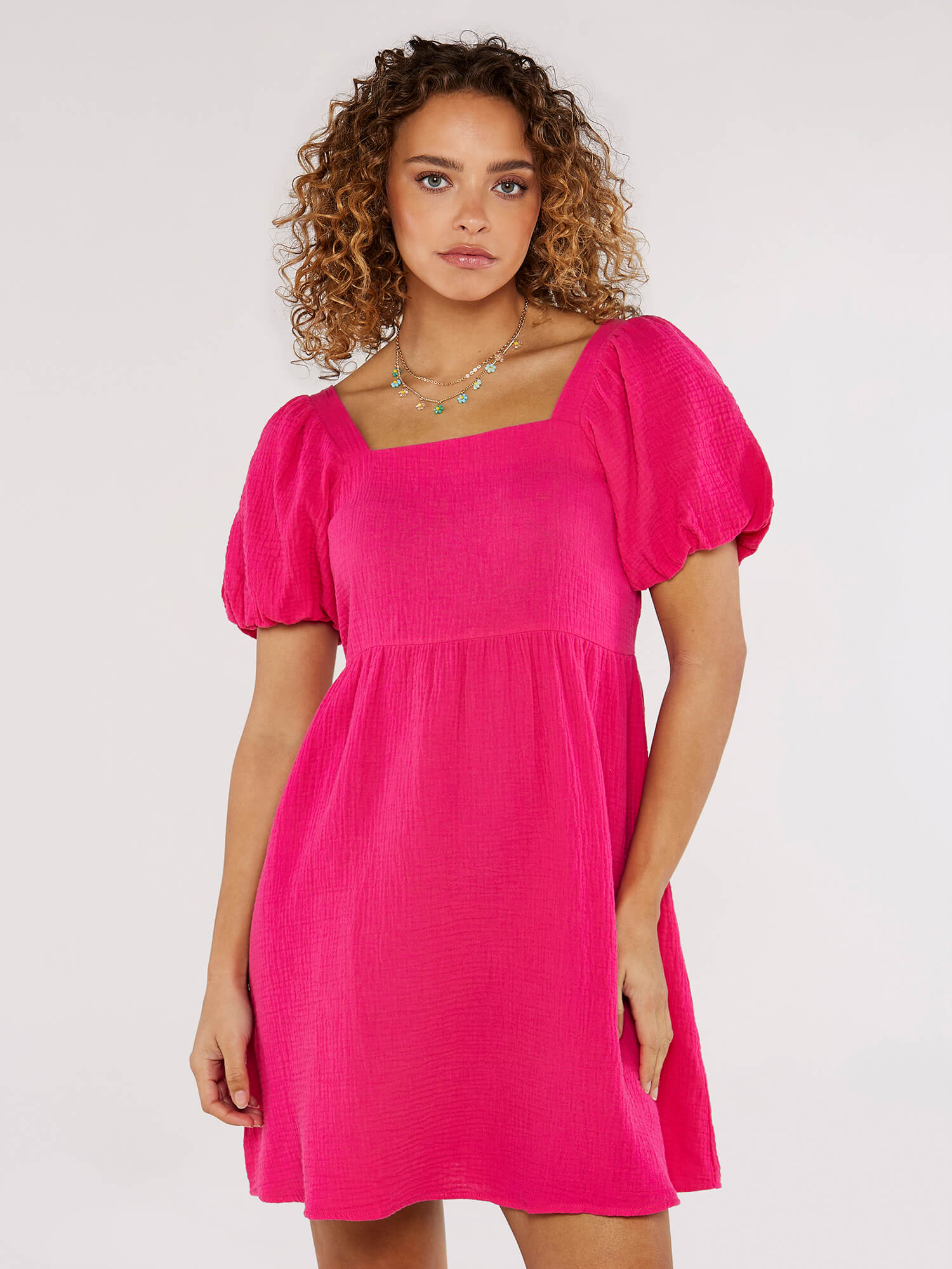 Puff Sleeve Mini Dress Apricot Clothing