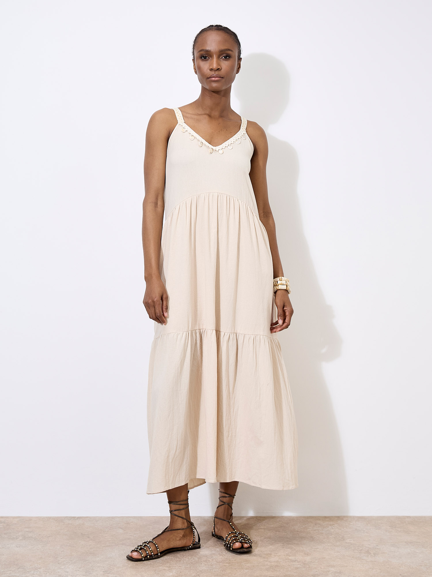 Bead Embellished Cotton Midaxi Dress | Apricot Clothing