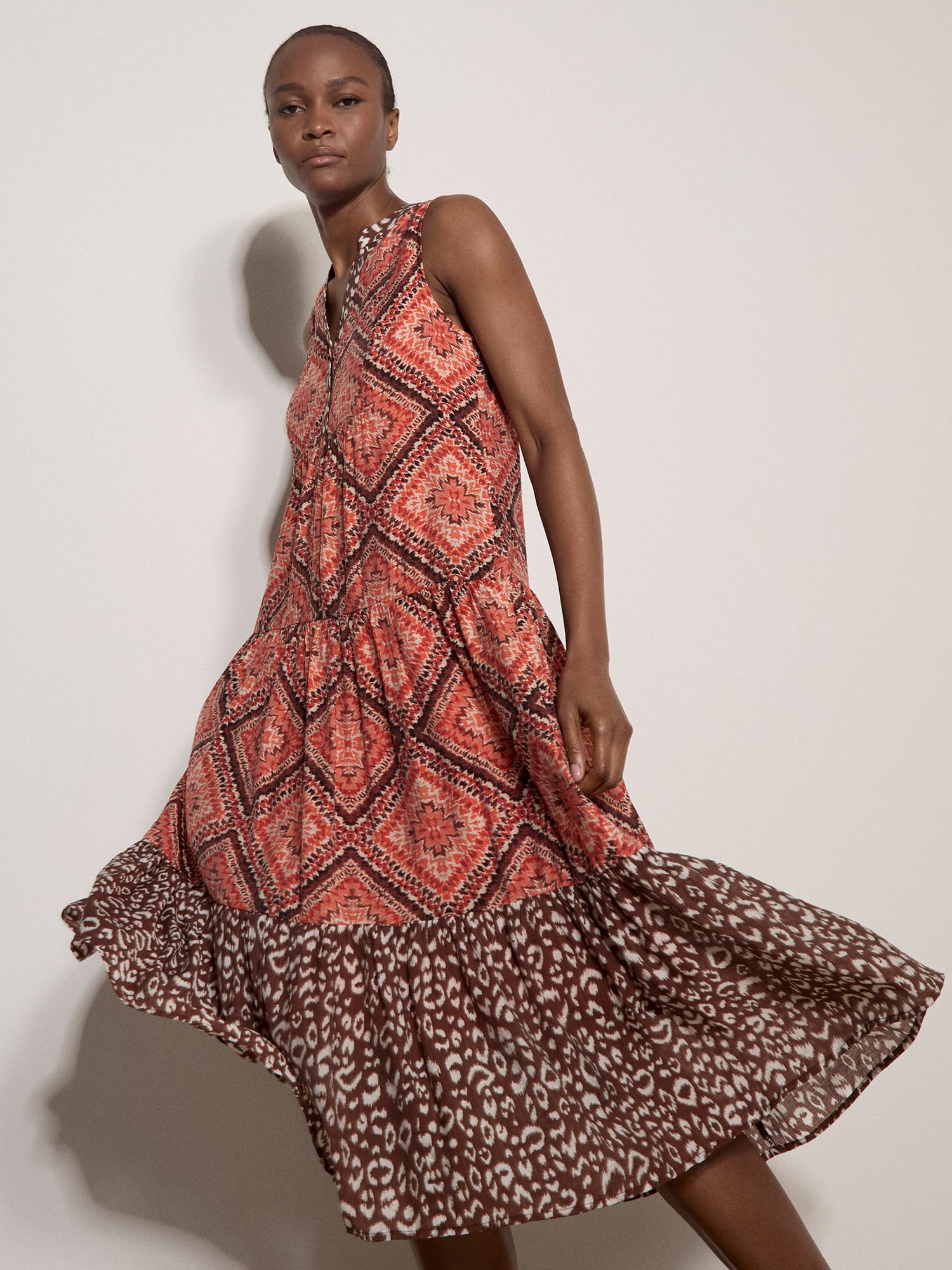 Geometric Patchwork Tiered Midi Dress | Apricot Clothing