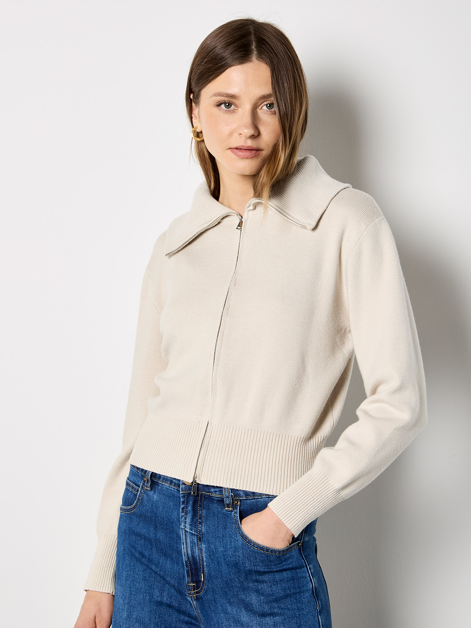 トップス DRY COTTON WIDE RIB KNIT ZIP CARDIGAN Double Zip Ribbed Knit Cardigan | Apricot Clothing