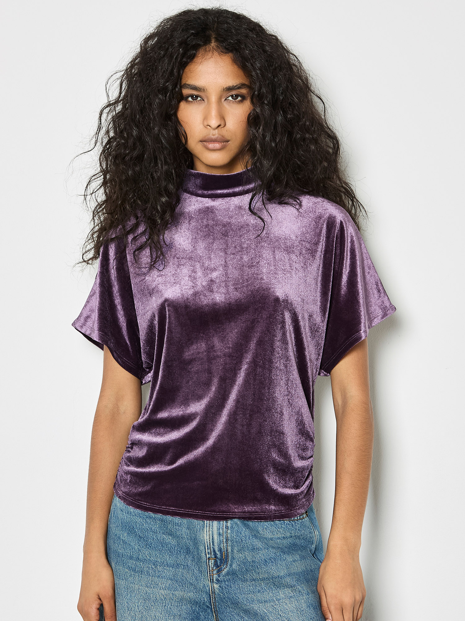 【DRAW】 Velour 2way Tops Velvet Ruched Side Top | Apricot Clothing