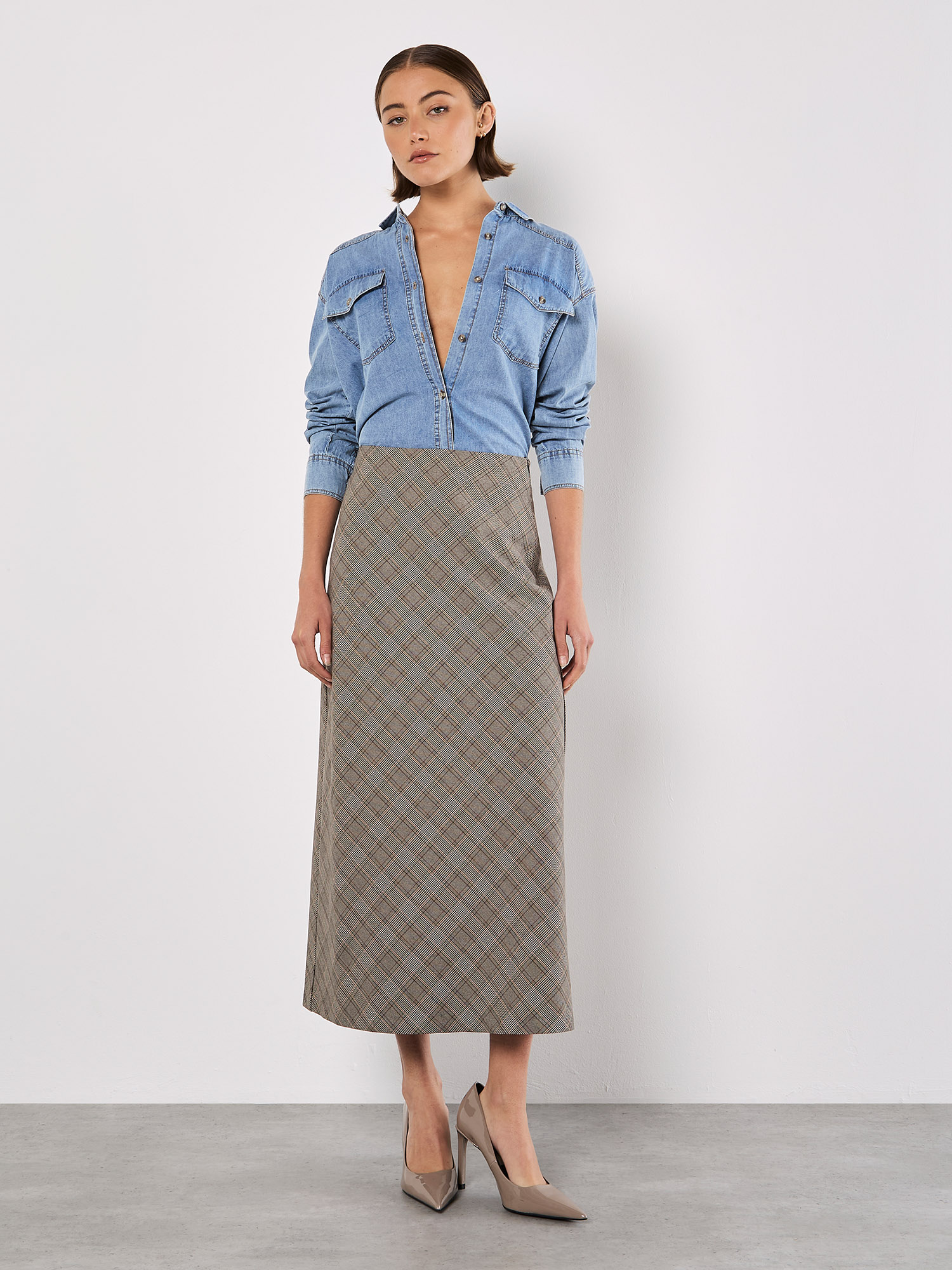 Heritage Check Bias Maxi Skirt | Apricot Clothing
