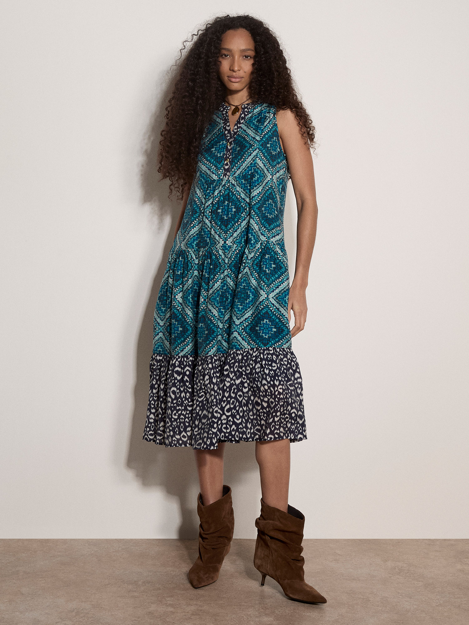 Geometric Patchwork Tiered Midi Dress | Apricot Clothing