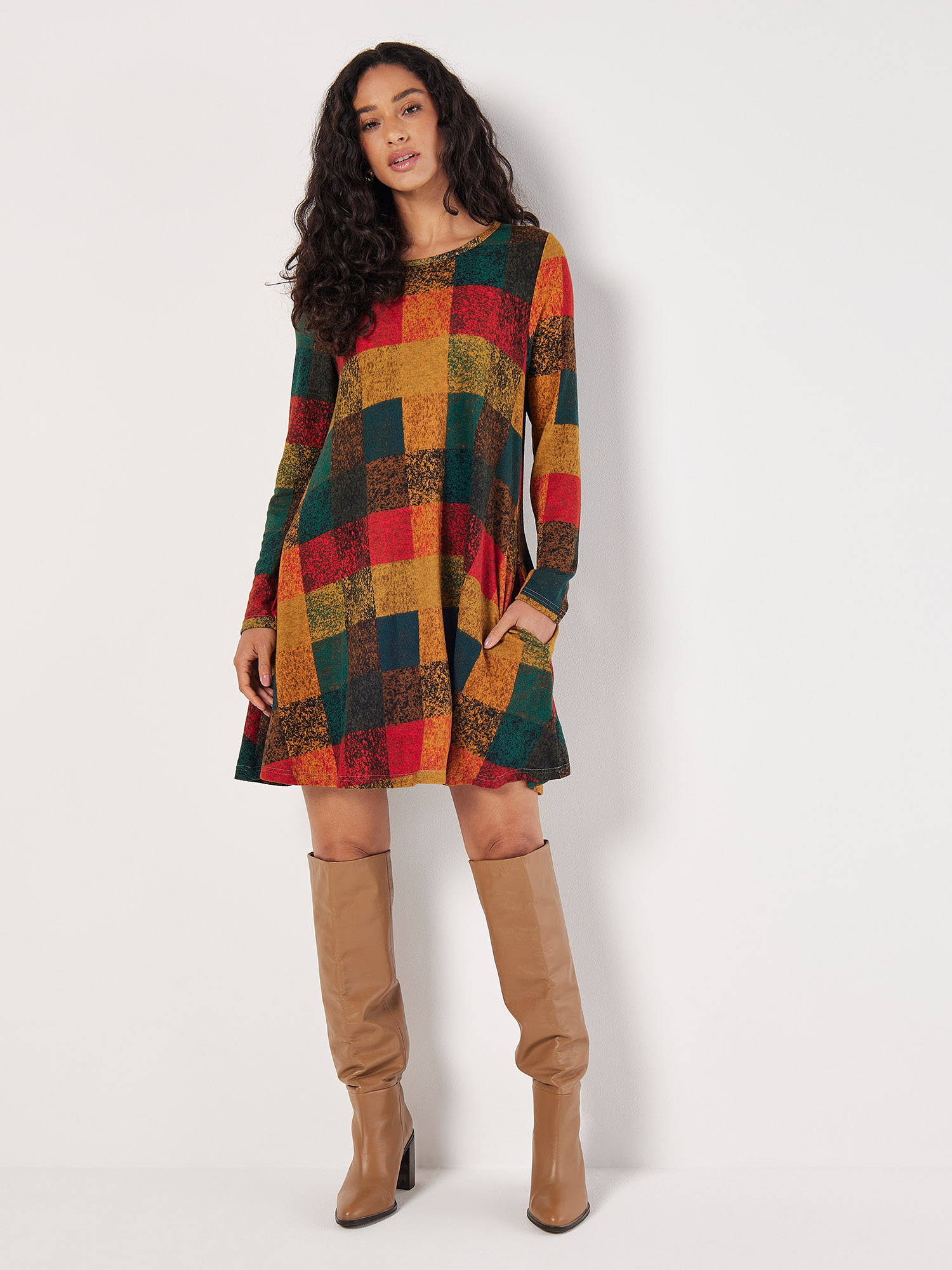 Colourful Patchwork Check Swing Mini Dress | Apricot Clothing