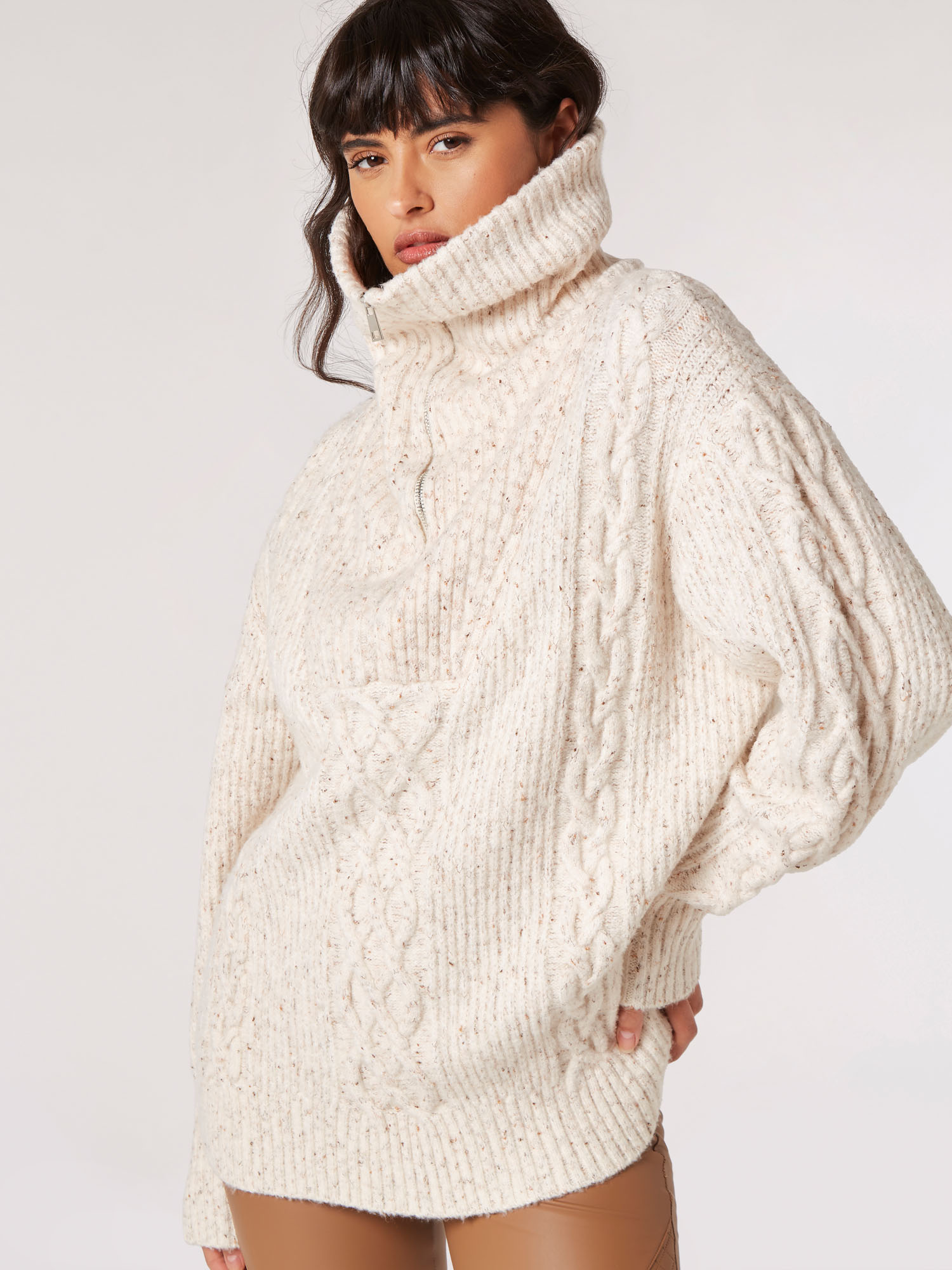 Chunky Cable Knit Zip Neck Jumper Apricot Clothing