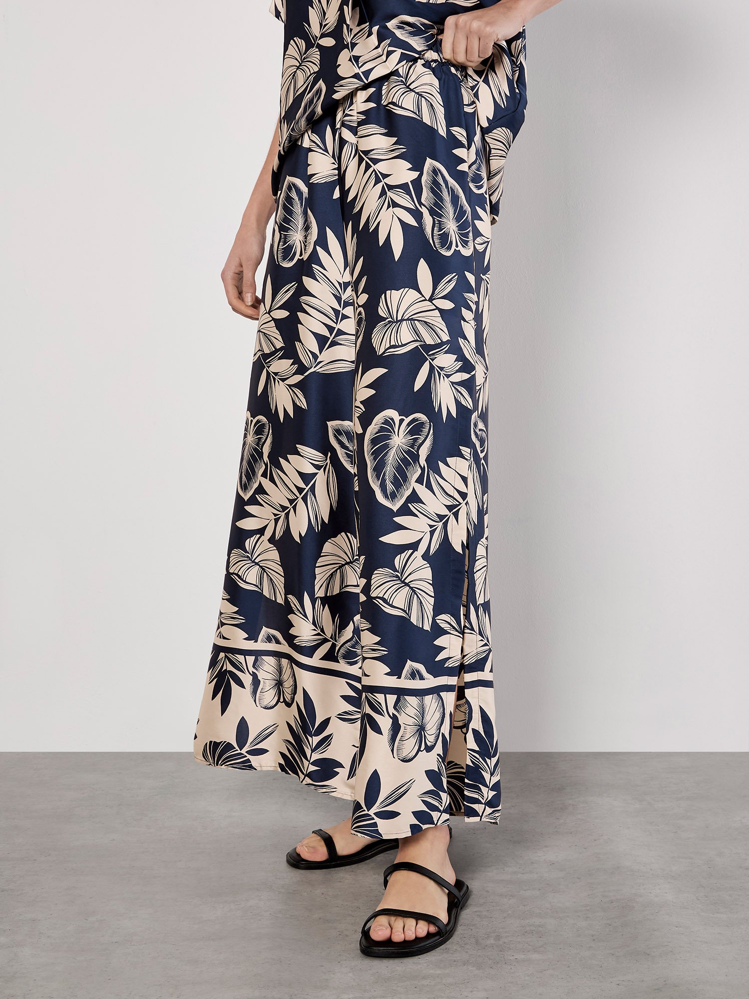 Tropical Leaf Print Satin Wide Leg Trousers | Apricot Clothing