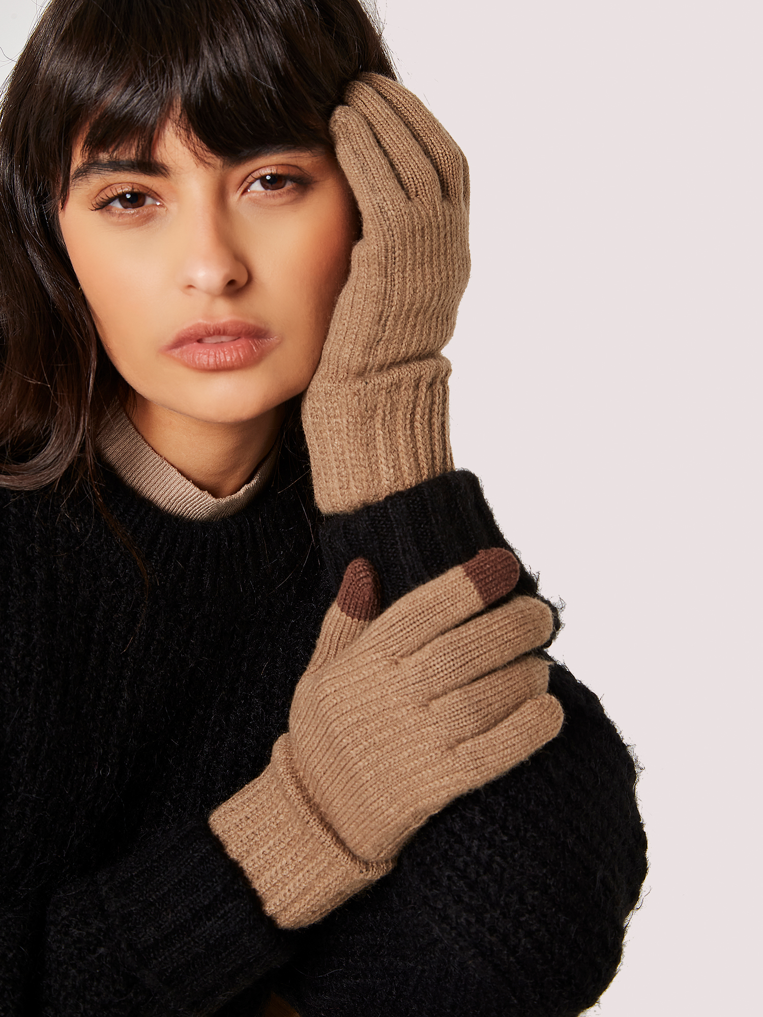 Ribbed Knit Touch Screen Gloves Apricot Clothing