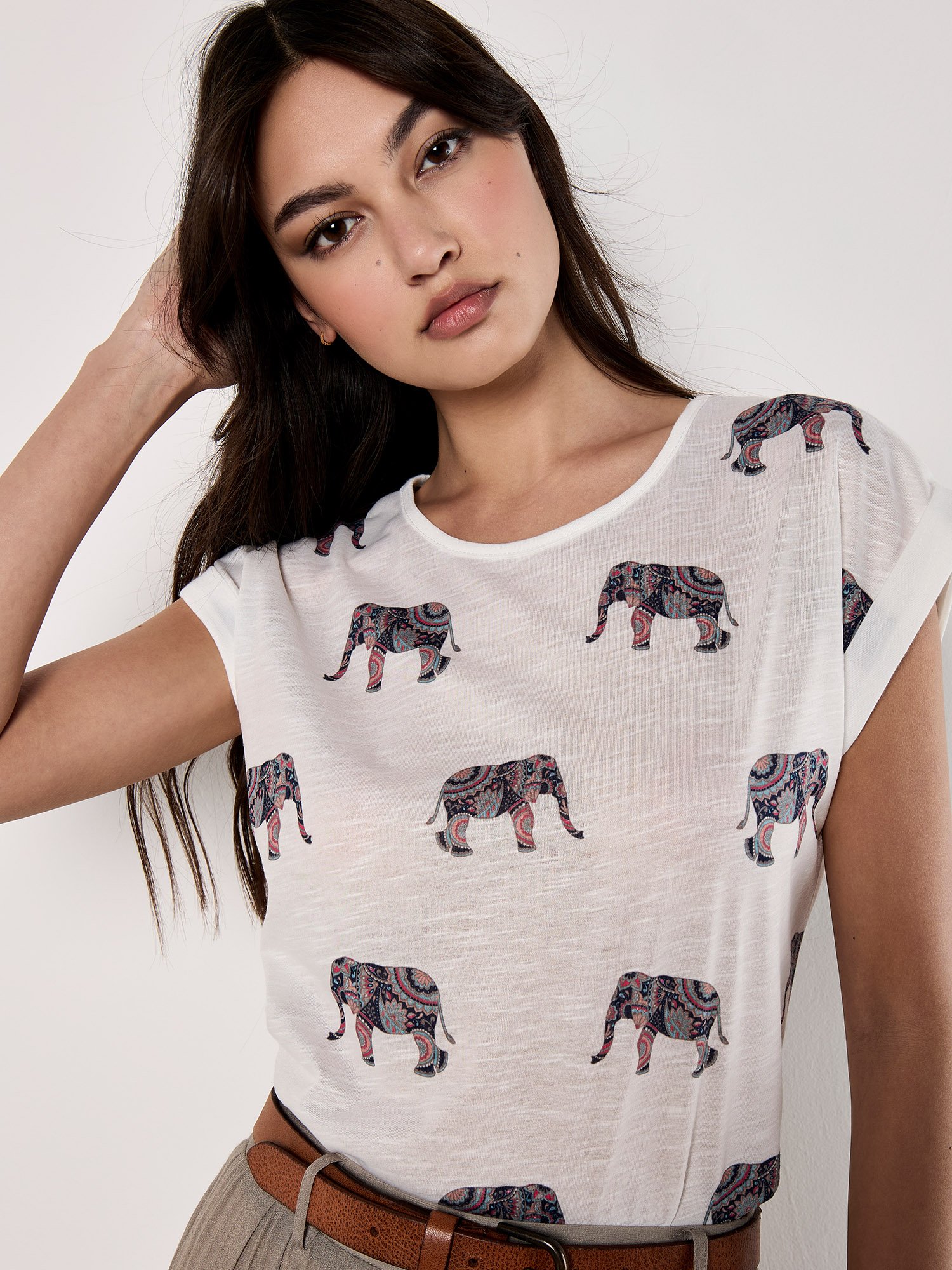 Elephant Print Slub T-Shirt | Apricot Clothing