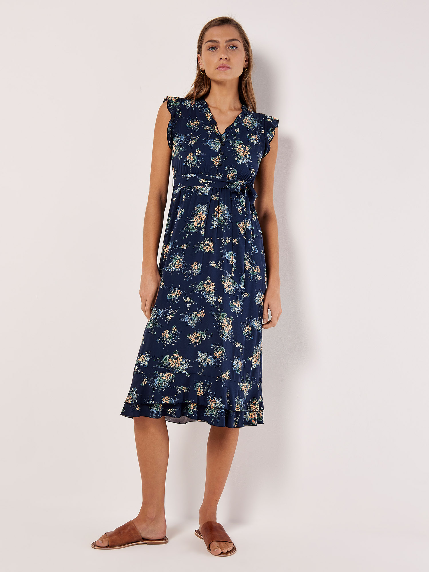 Floral Ditsy Midi Dress Apricot Clothing