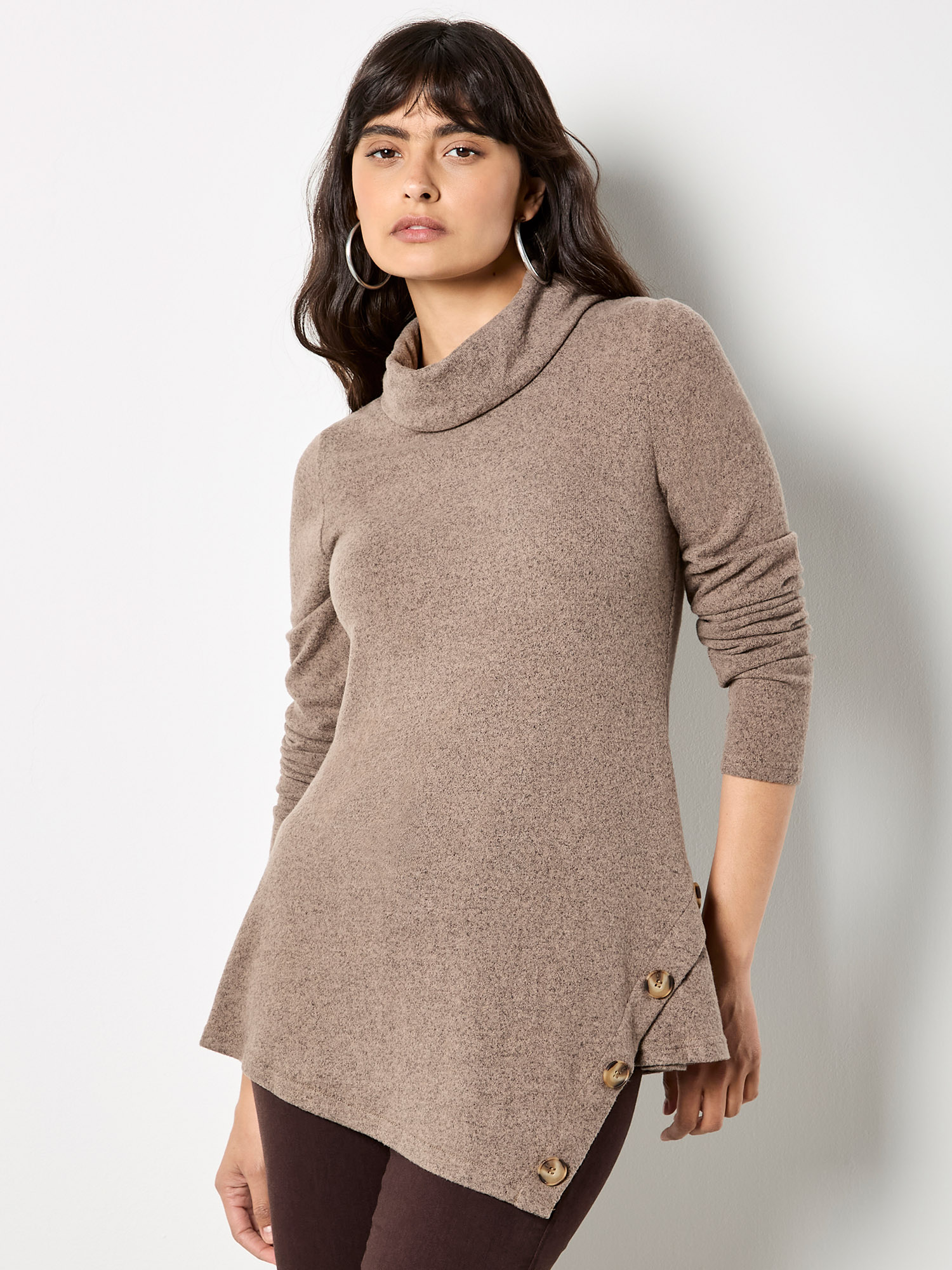 Women's Coffee Brown Ribbed Asymmetric Hem Knit Top with Wrap Button Design
