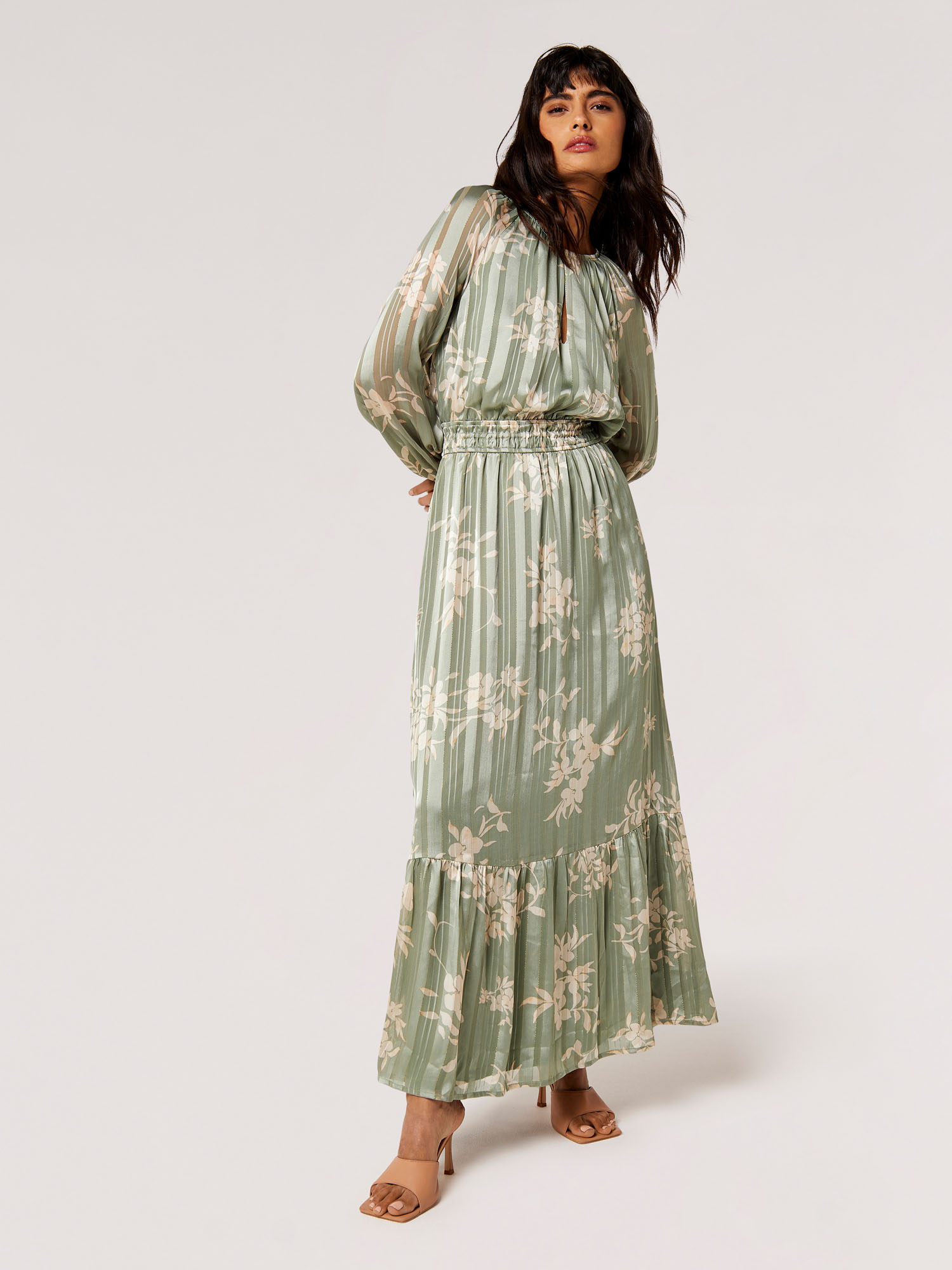 Silhouette Floral Satin Shimmer Maxi Dress | Apricot Clothing