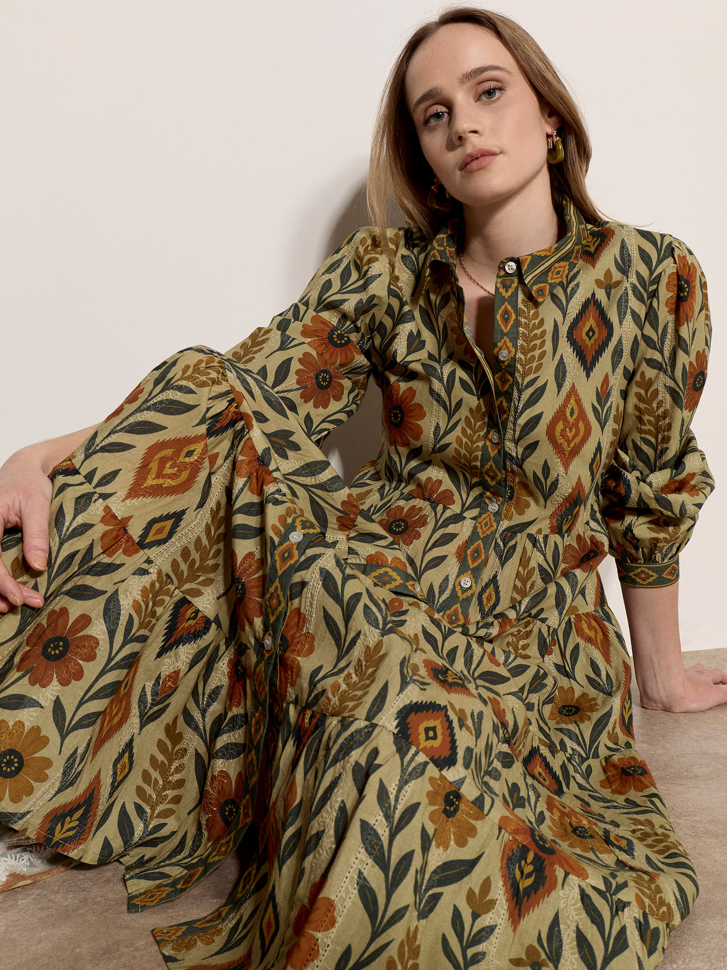 Floral Leaves Cotton Shirt Midi Dress
