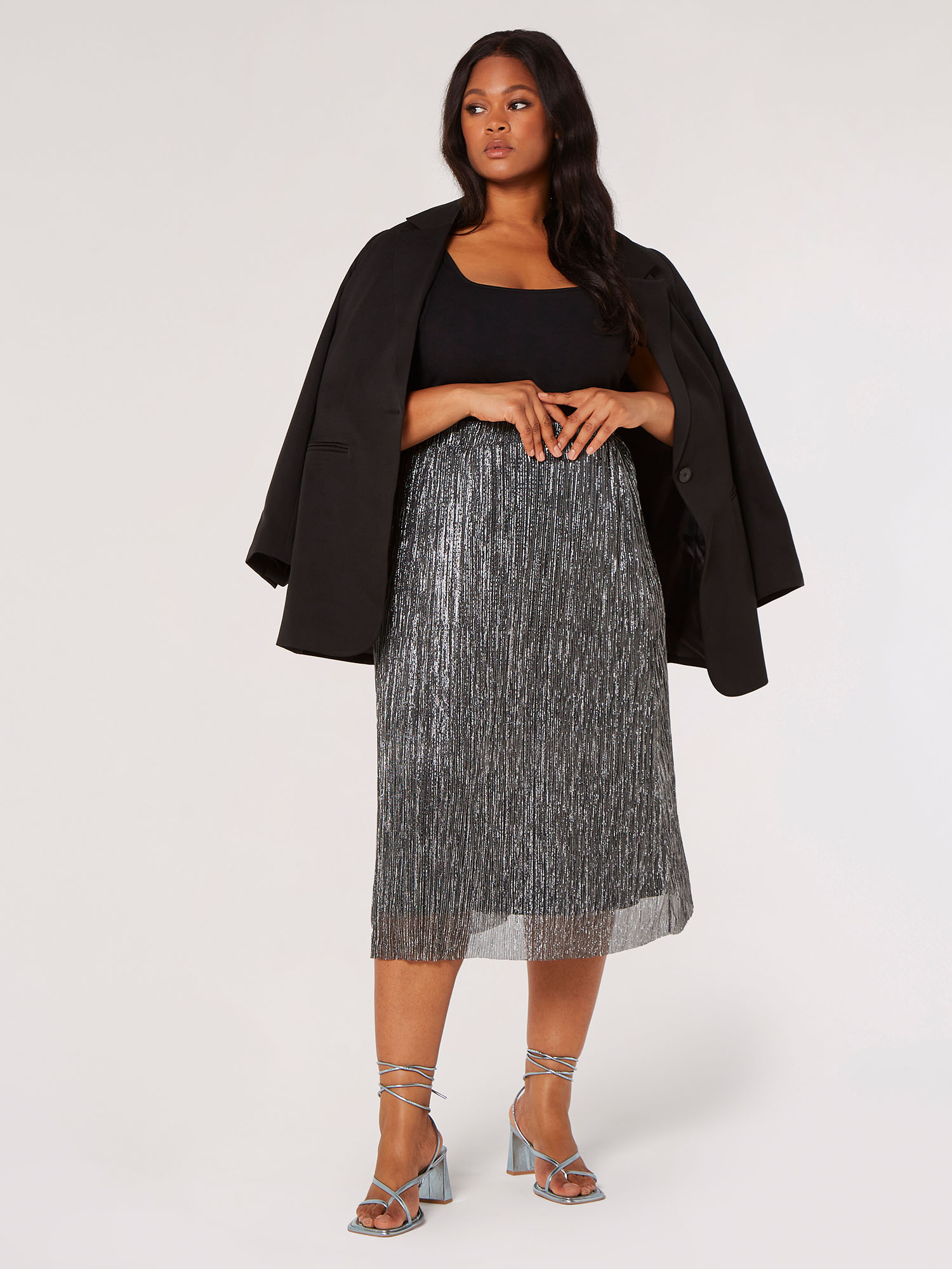 Metallic Plisse Midi Skirt Apricot Clothing