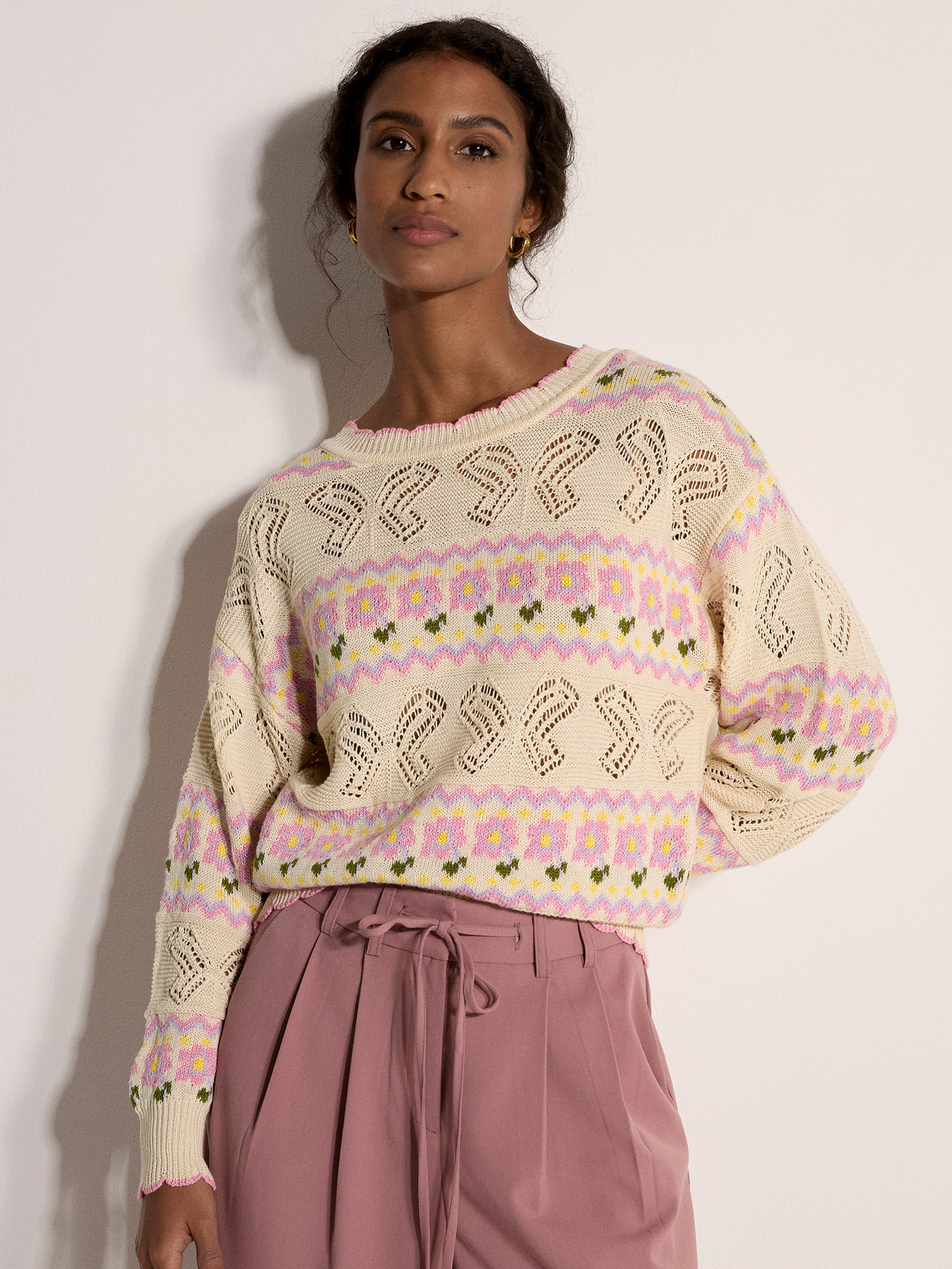 Pointelle Knit Butterfly Floral Jumper | Apricot Clothing