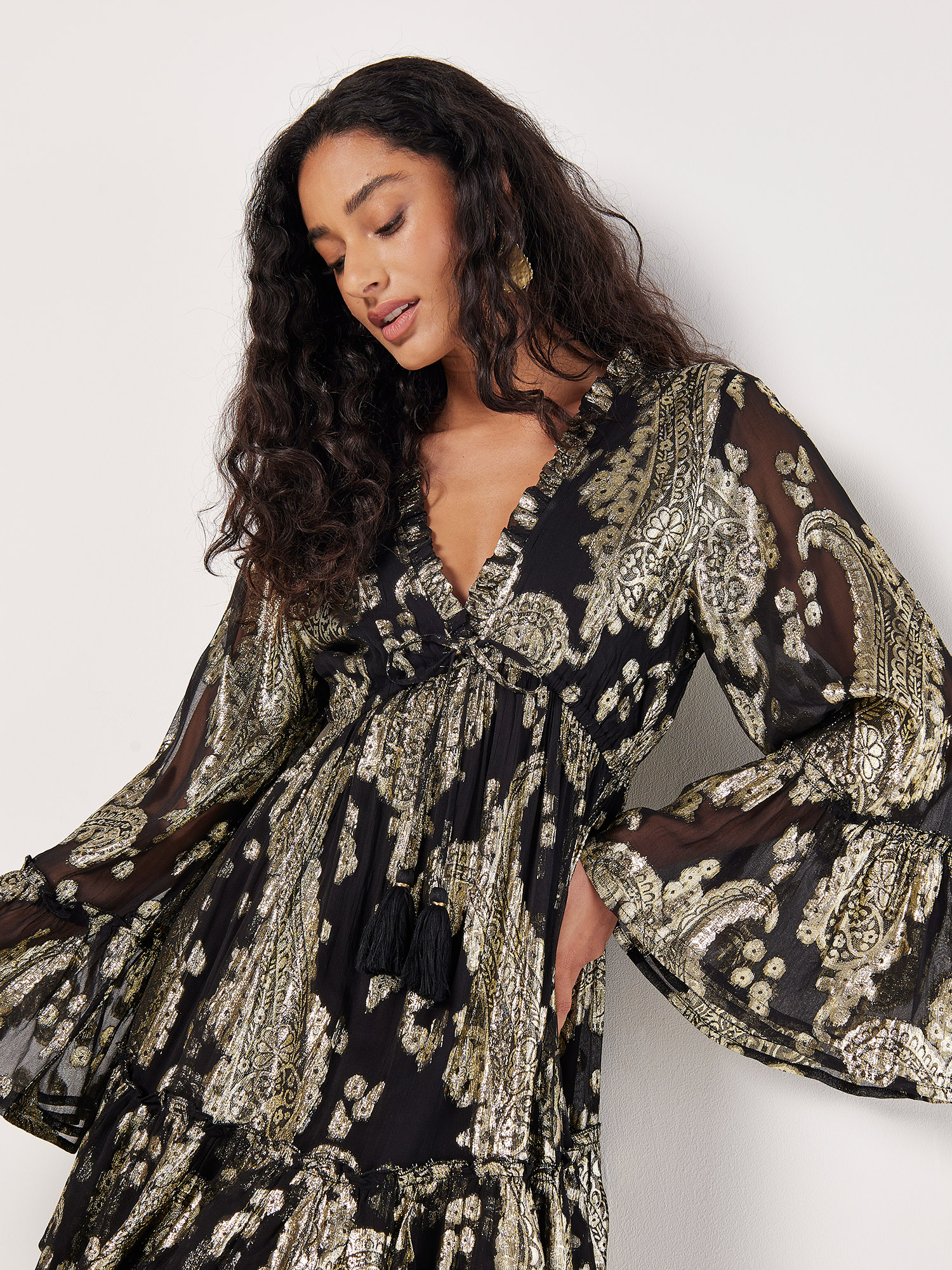 Gold Foil Paisley Mini Dress Apricot Clothing