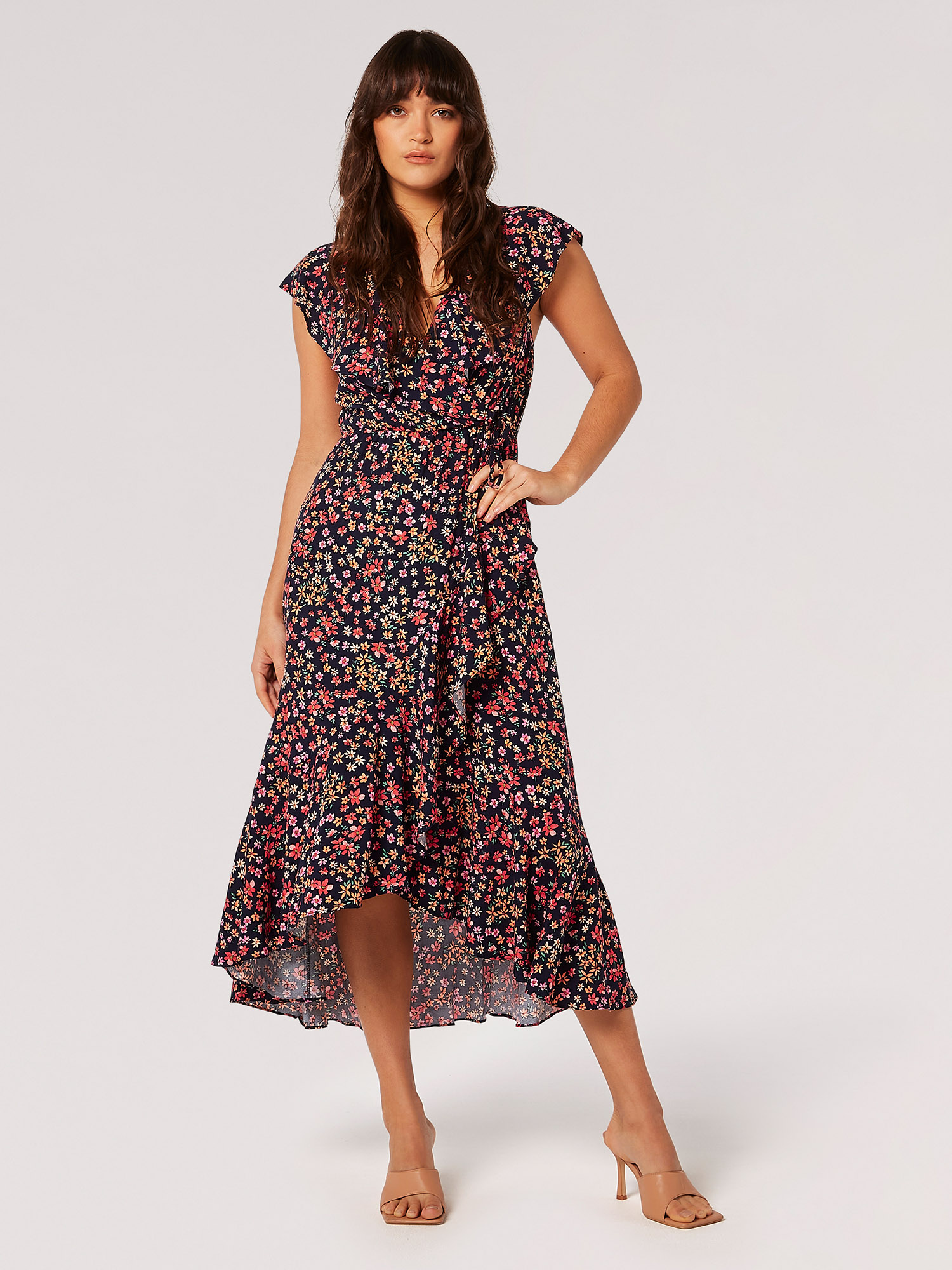 Ditsy Floral Ruffle Wrap Midi Dress | Apricot Clothing