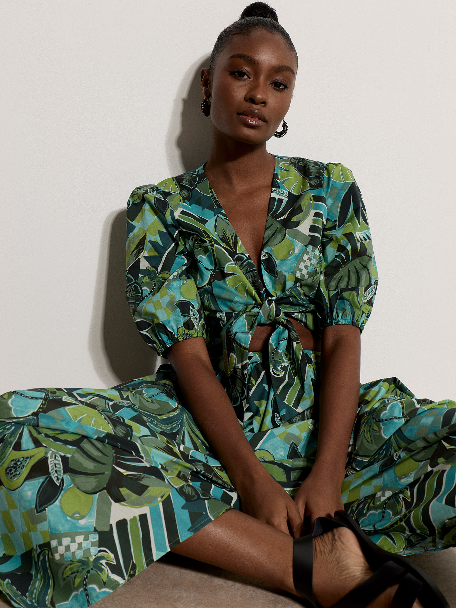 Tropical Leaf Cotton Tie Front Top | Apricot Clothing