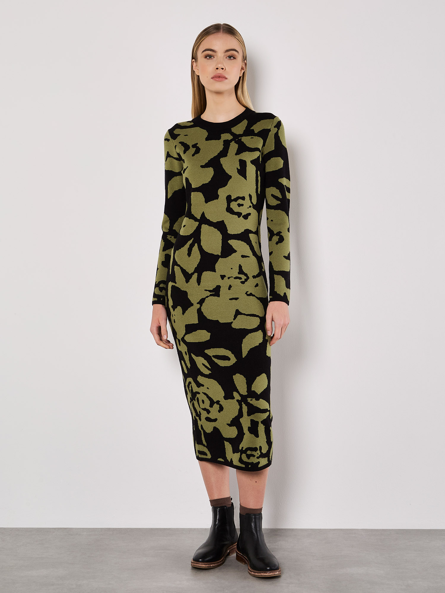 Abstract Flower Knitted Midaxi Dress | Apricot Clothing
