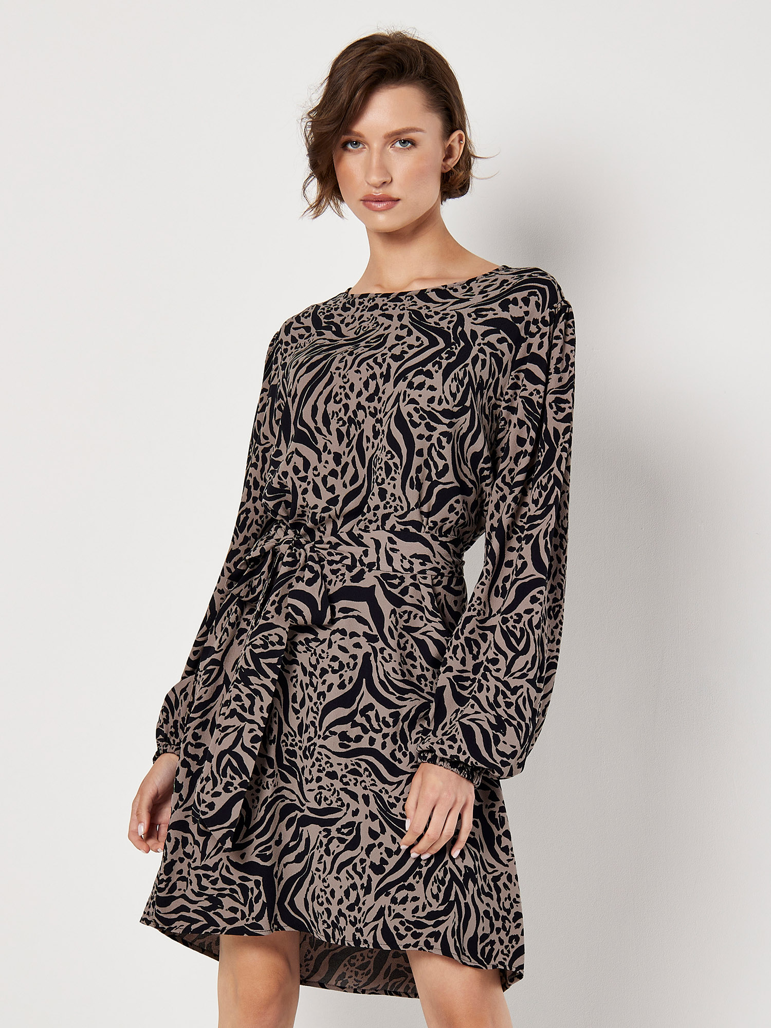 Mixed Animal Print Plunge Flute Sleeve Shift Dress - Olesya