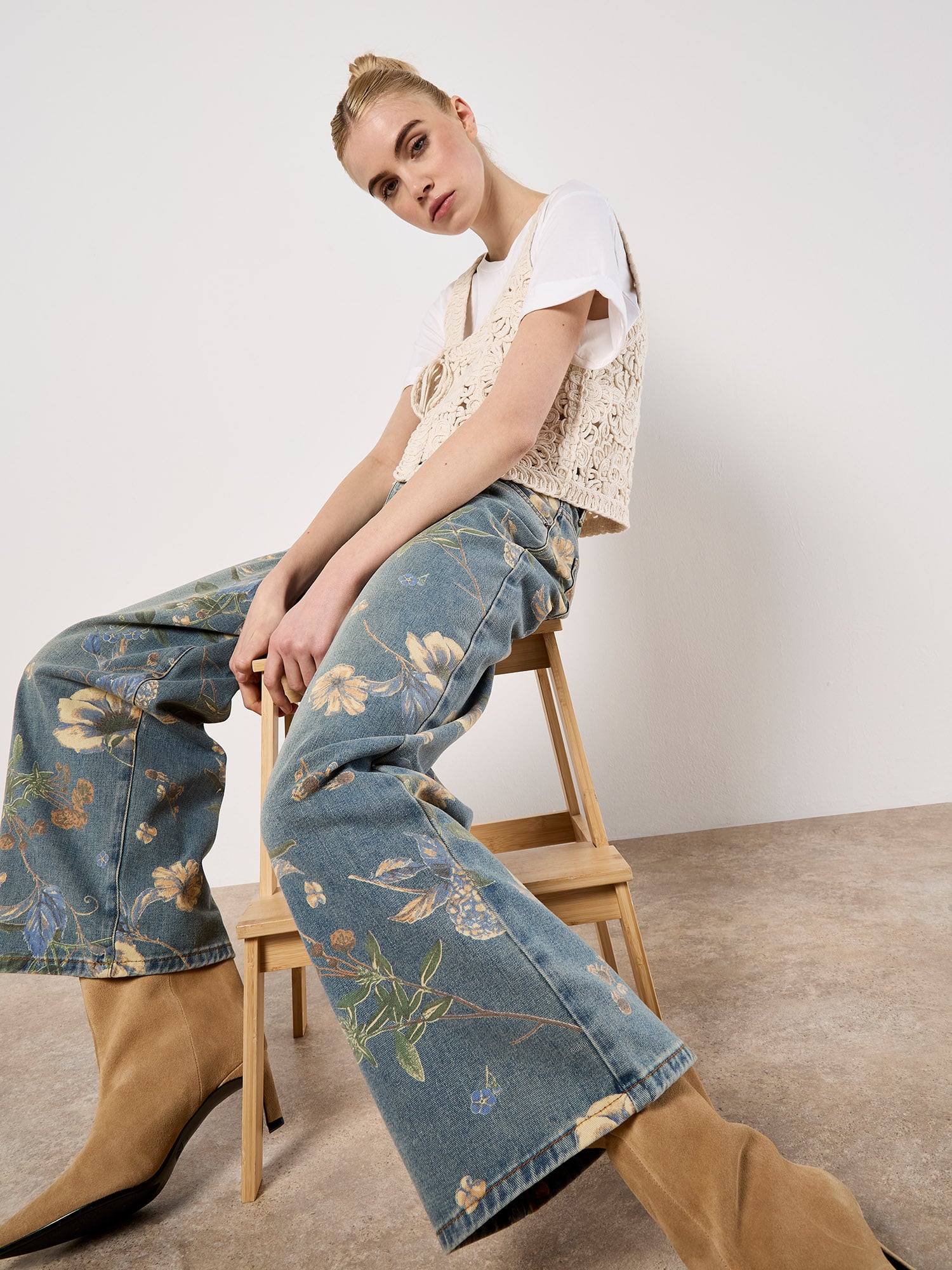 Soft Floral Printed Denim Ankle Length Jeans in Beige Multi by Picadilly Canada