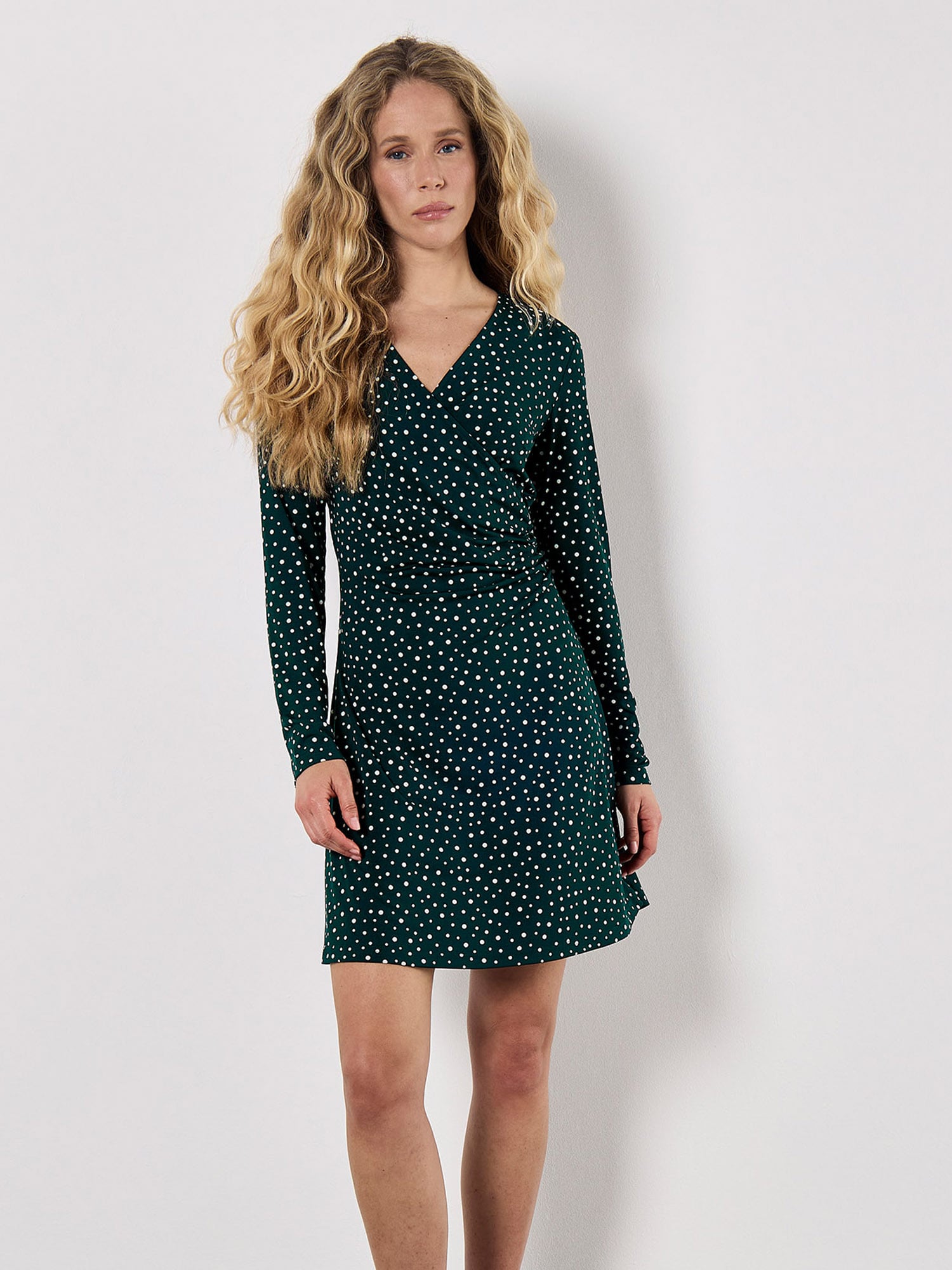 Beige Polka Dot Ruched Mini Dress with Scarf Neck