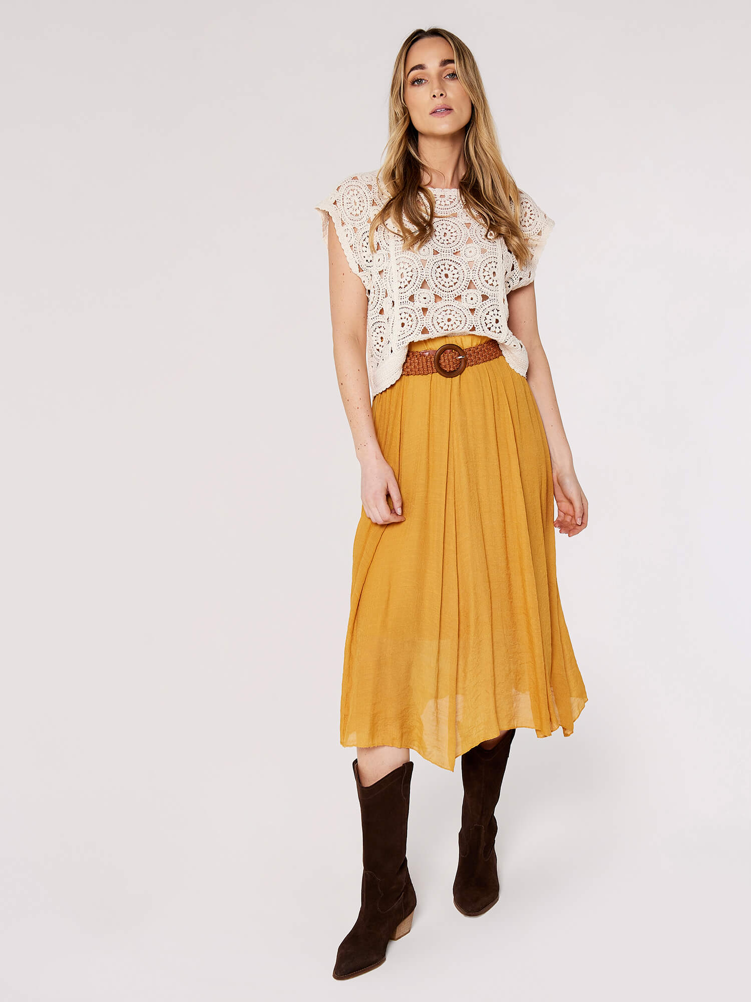 Shimmer Crinkle Belted Skirt Apricot Clothing