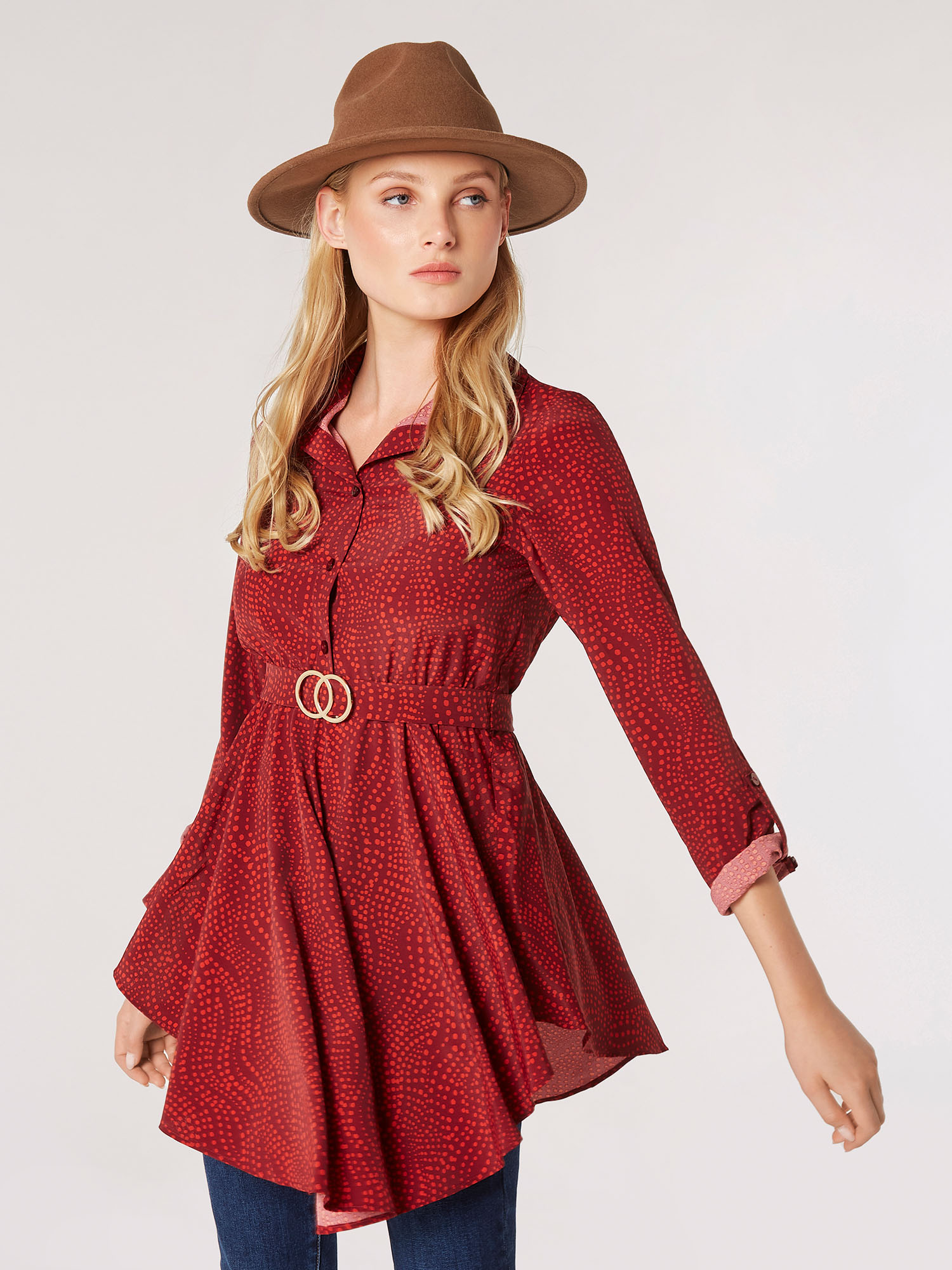 Swirl Spot Shirt Mini Dress Apricot Clothing